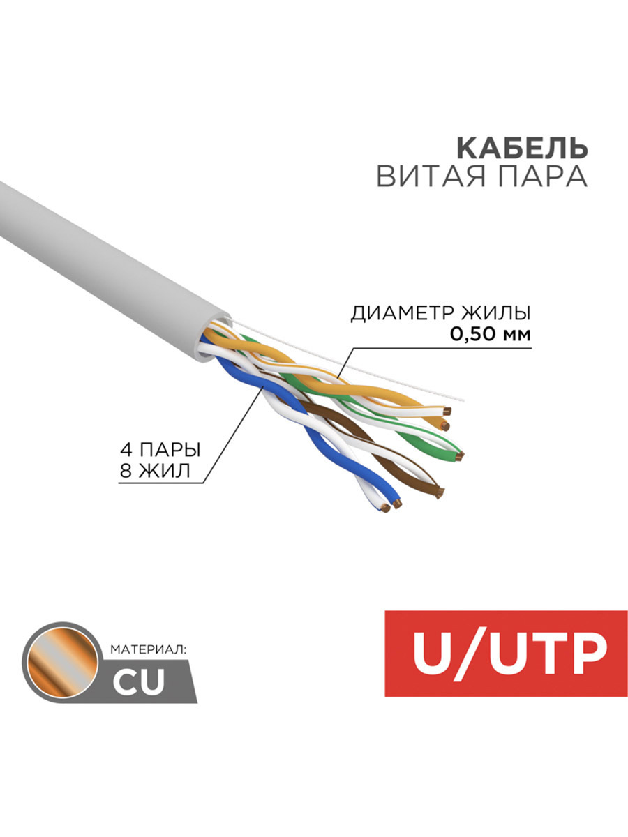 Изображение товара Rexant 01-0069 витая пара U/UTP CAT5e 305м серый безэкранный