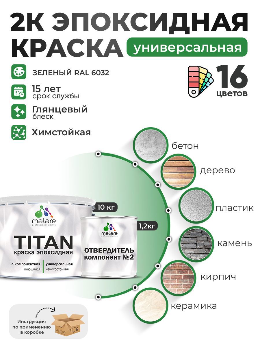 Изображение товара Краска эпоксидная двухкомпонентная Malare Titan высокопрочная глянцевая цвет RAL 6032 зеленый 10 кг отвердитель 1.2 кг