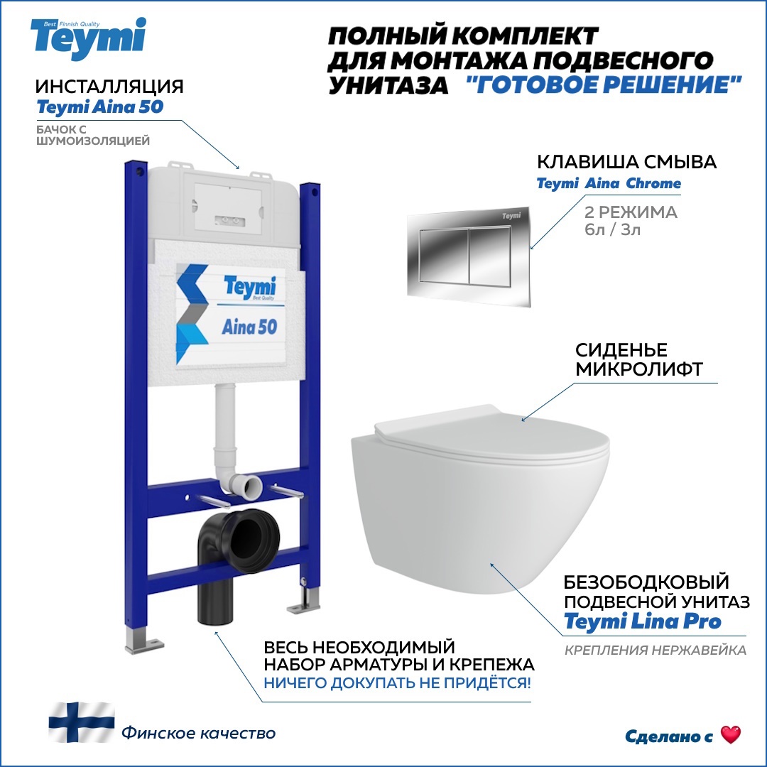 Изображение товара Комплект инсталляции для подвесного унитаза Teymi Aina 50 с клавишей хром