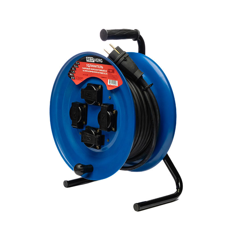 Изображение товара Удлинитель на катушке Redverg MA-297 КГ 3x2.5 20 м 4 розетки 3500 Вт с заземлением IP44 цвет синий