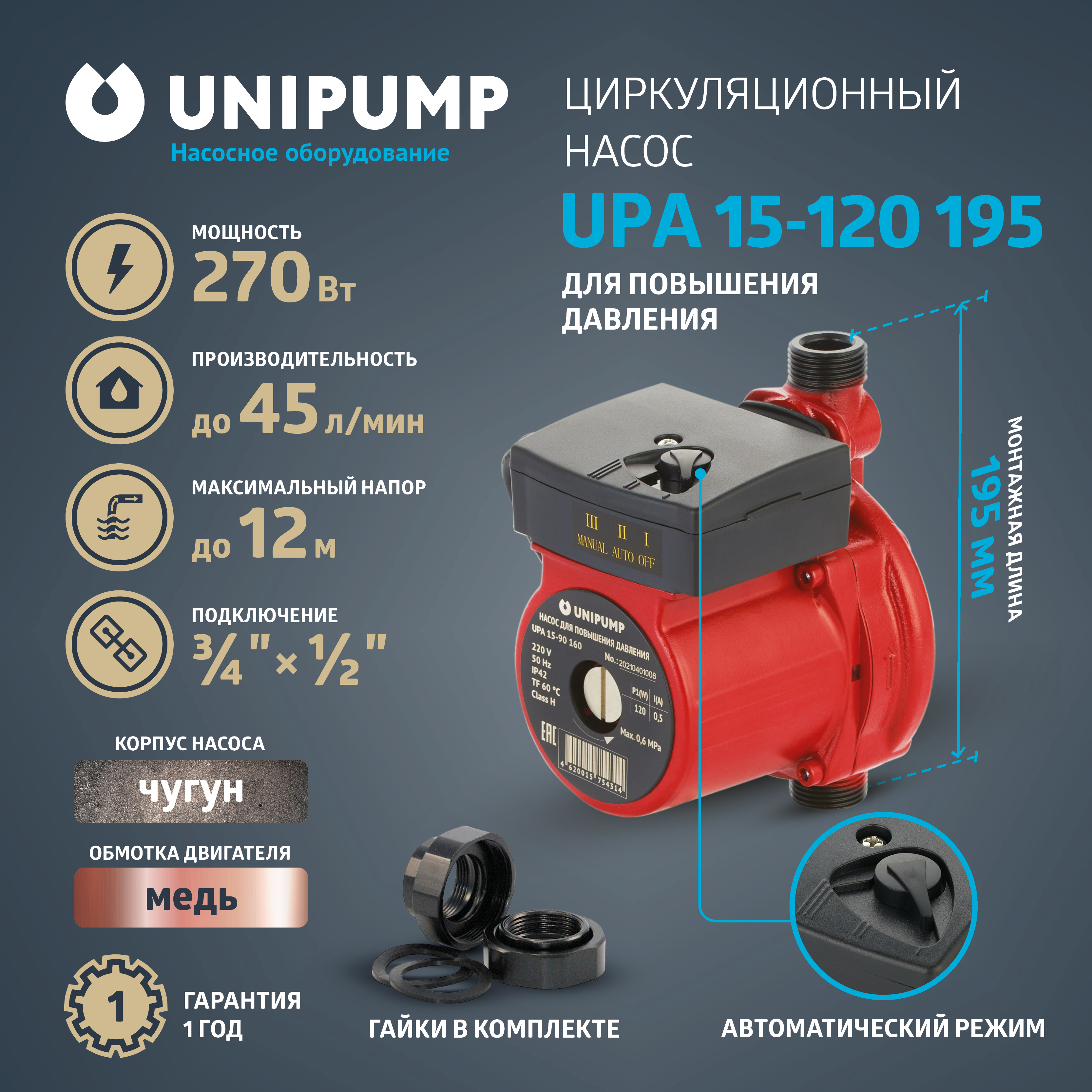 Изображение товара Циркуляционный насос Unipump 75438 15/12 чугун для водоснабжения 1/2"