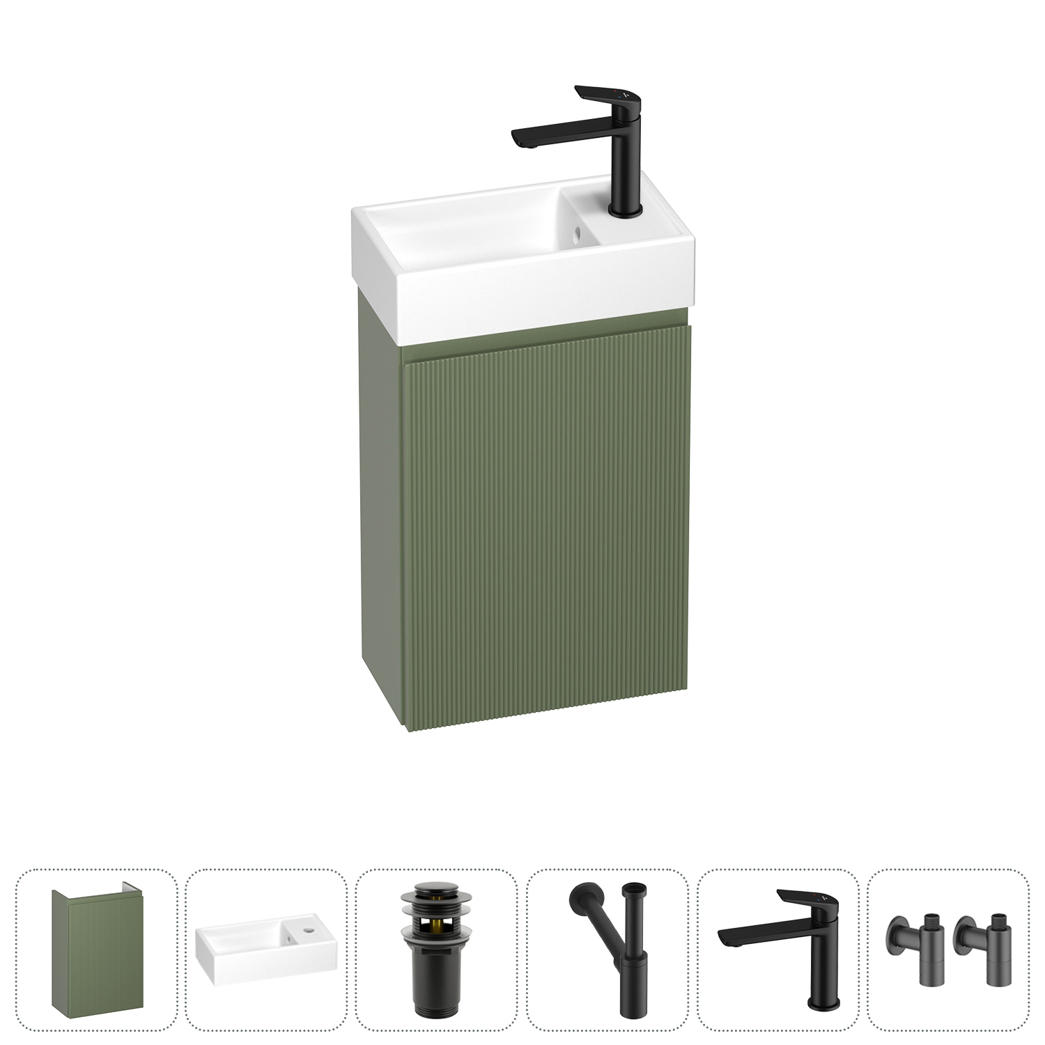 Изображение товара Тумба с раковиной подвесная Wellsee WC Area 20216889R с донным клапаном, сифоном, смесителем и вентилями цвет зеленый