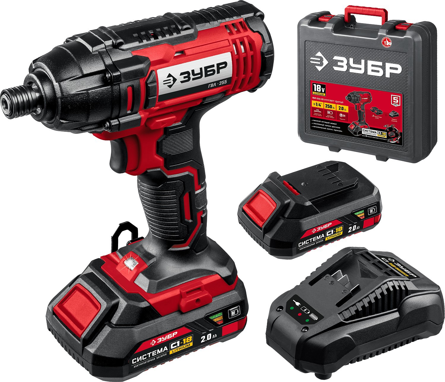 Изображение товара Аккумуляторный ударный винтоверт Зубр ГВЛ-255-22 18 В 250 Нм с кейсом