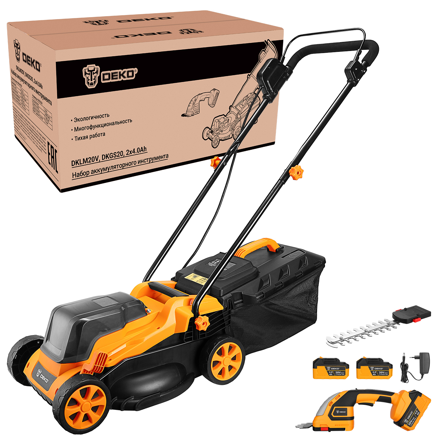 Изображение товара Газонокосилка аккумуляторная Deko Dklm20v, dkgs20, 2x4.0ah 20 В 32 см 2x4 Ач АКБ и ЗУ в комплект