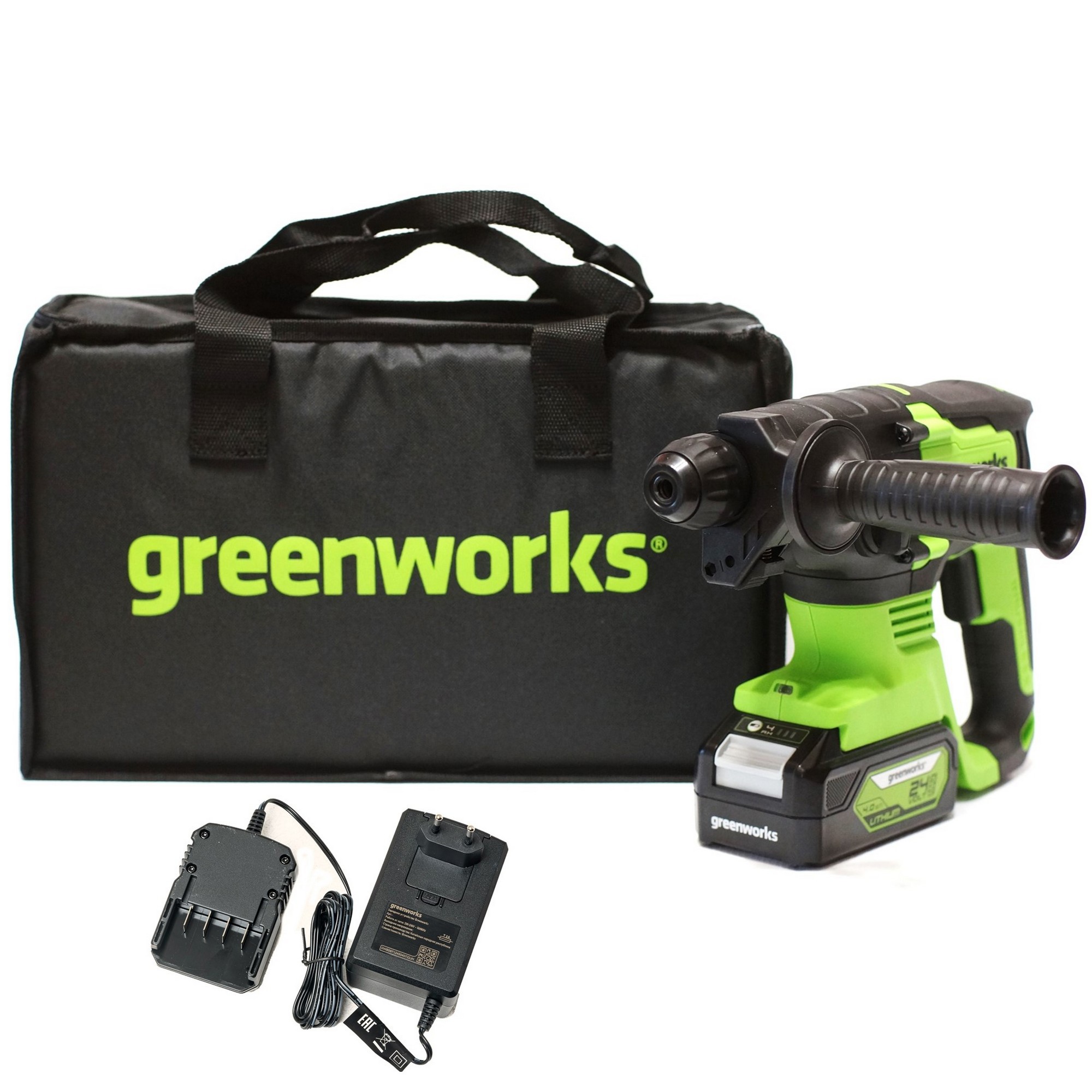 Изображение товара Перфоратор аккумуляторный Greenworks GD24SDS2K4, 24 В, 2 Дж, с АКБ и ЗУ