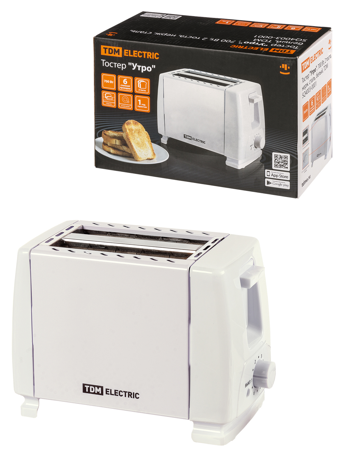 Изображение товара Тостер TDM Electric SQ4003-0001, белый, 2 отсека, 700 Вт, быстрая прожарка