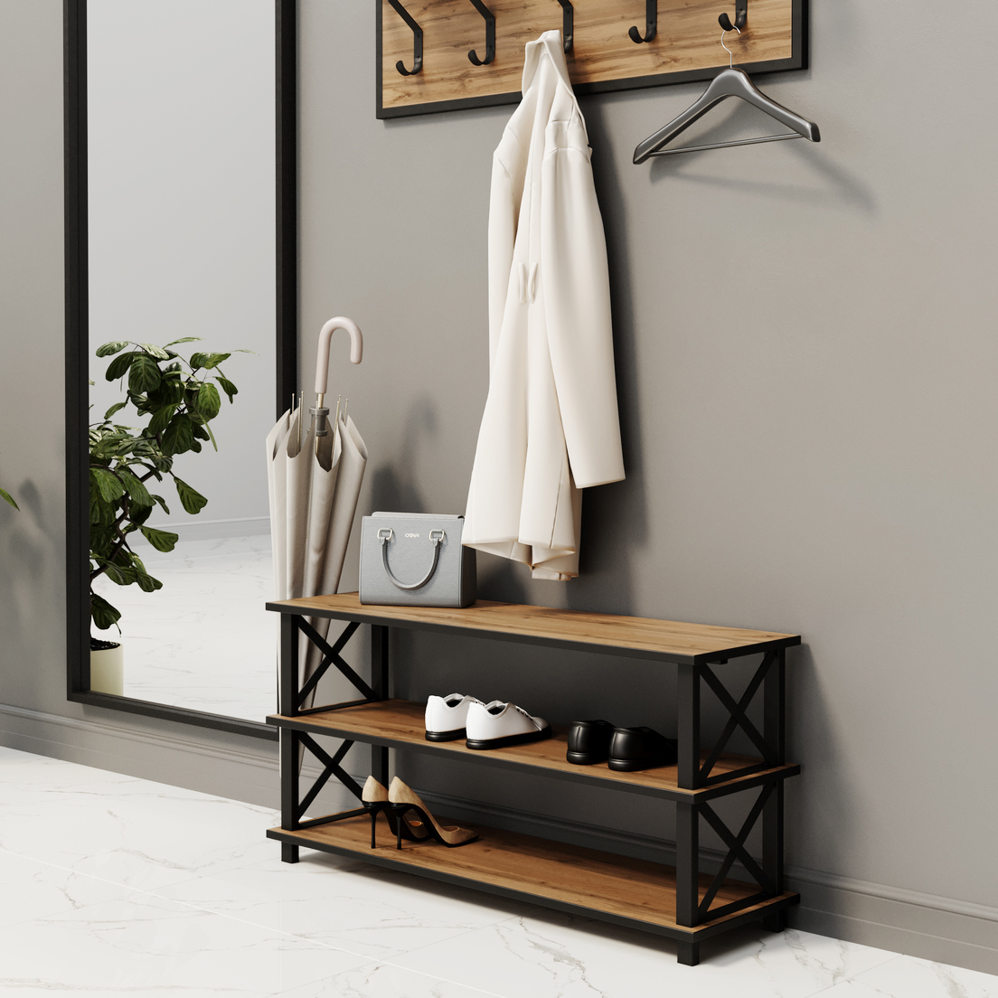 Изображение товара Этажерка для обуви Make mebel 100x49x30 см 3 полки металл цвет дуб вотан Изображение товара Этажерка для обуви Make mebel 100x49x30 см 3 полки металл цвет дуб вотан