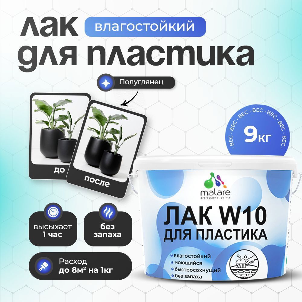 Изображение товара Лак для защиты пластика Malare Series W моющийся быстросохнущий полуглянцевый 9 кг
