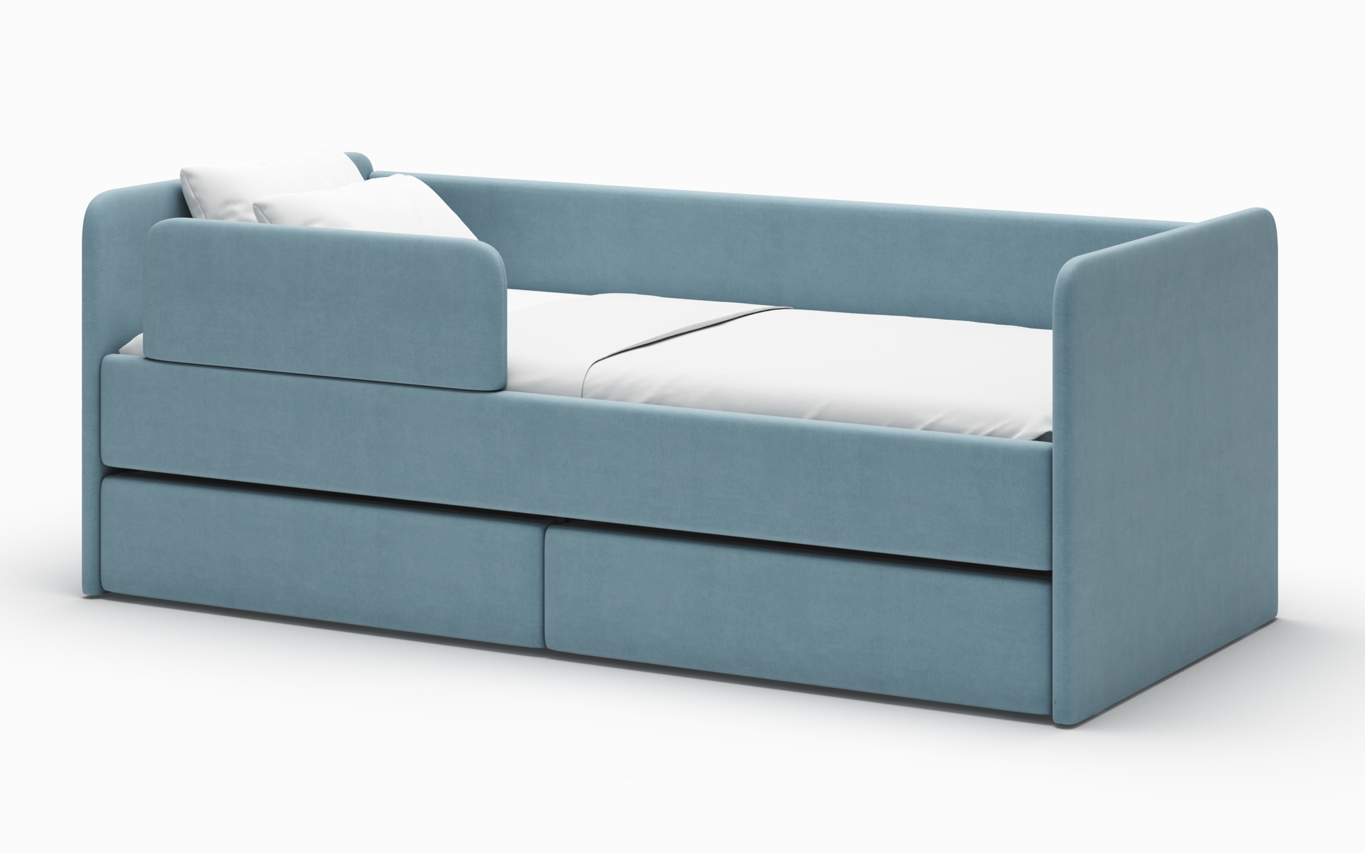 Изображение товара Детская кровать Romack Donny 2 из микровелюра голубая с ящиками и бортиком