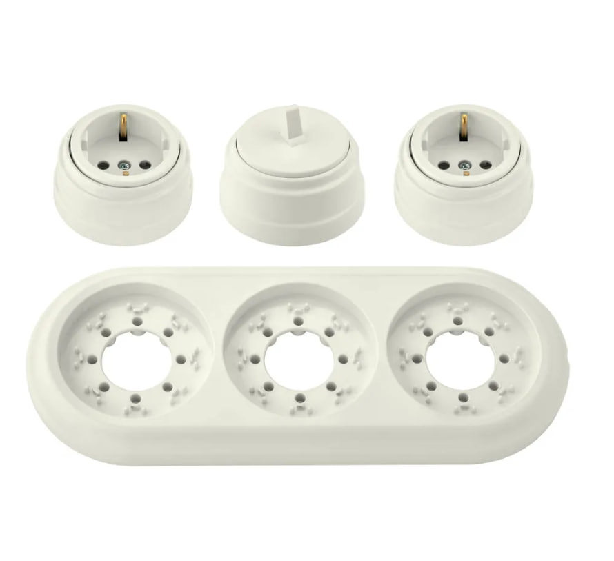 Изображение товара Розетка с выключателем и рамкой 3 поста накладные Bylectrica Ретро РА16-0202 А110-2203 ЮЛИГ.735212.472 с заземлением цвет бежевый