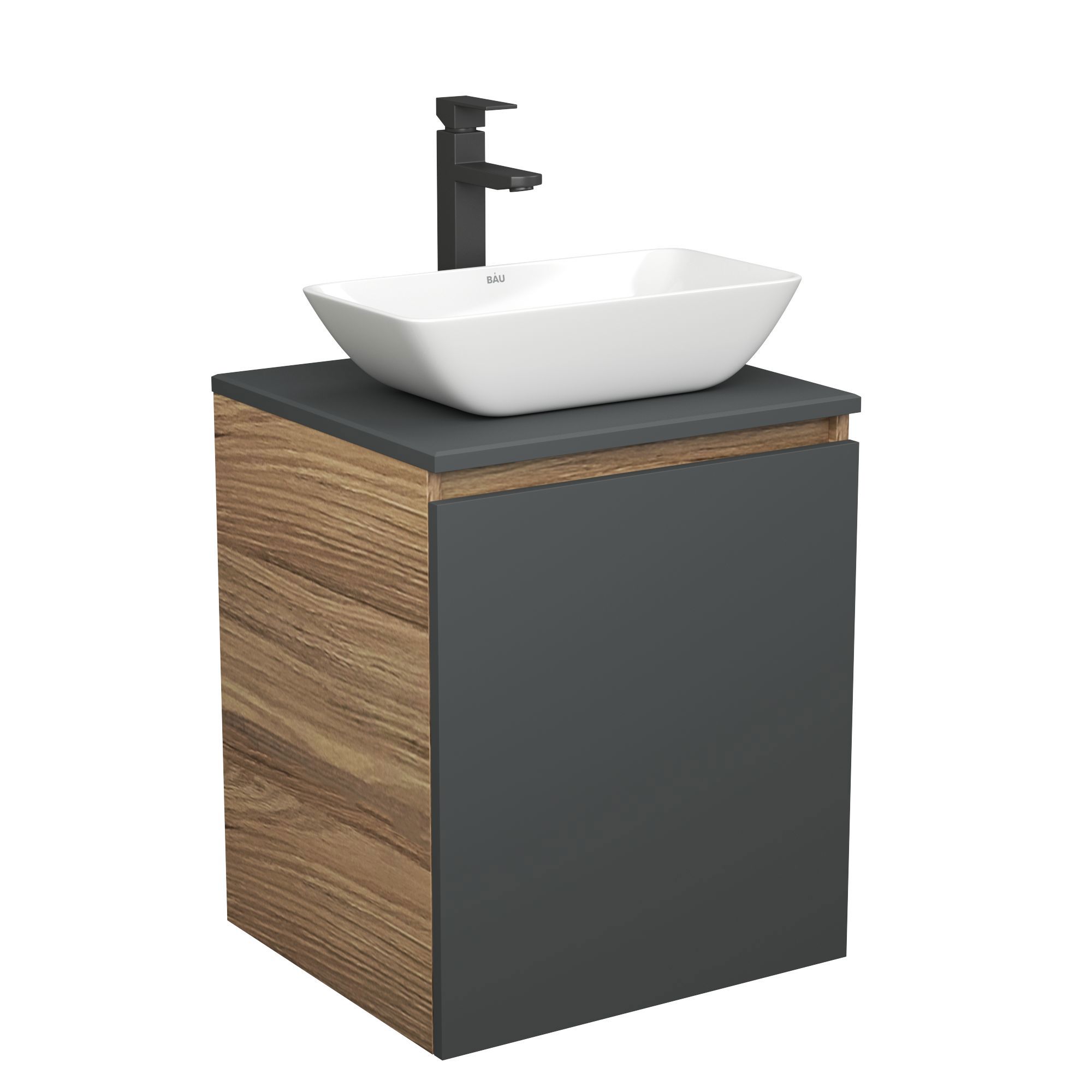 Изображение товара Тумба Bauedge Bau Dream Blackwood 50 графит раковина BAU Spectrum mini 47x24 смеситель для раковины высокий Hotel Black черный