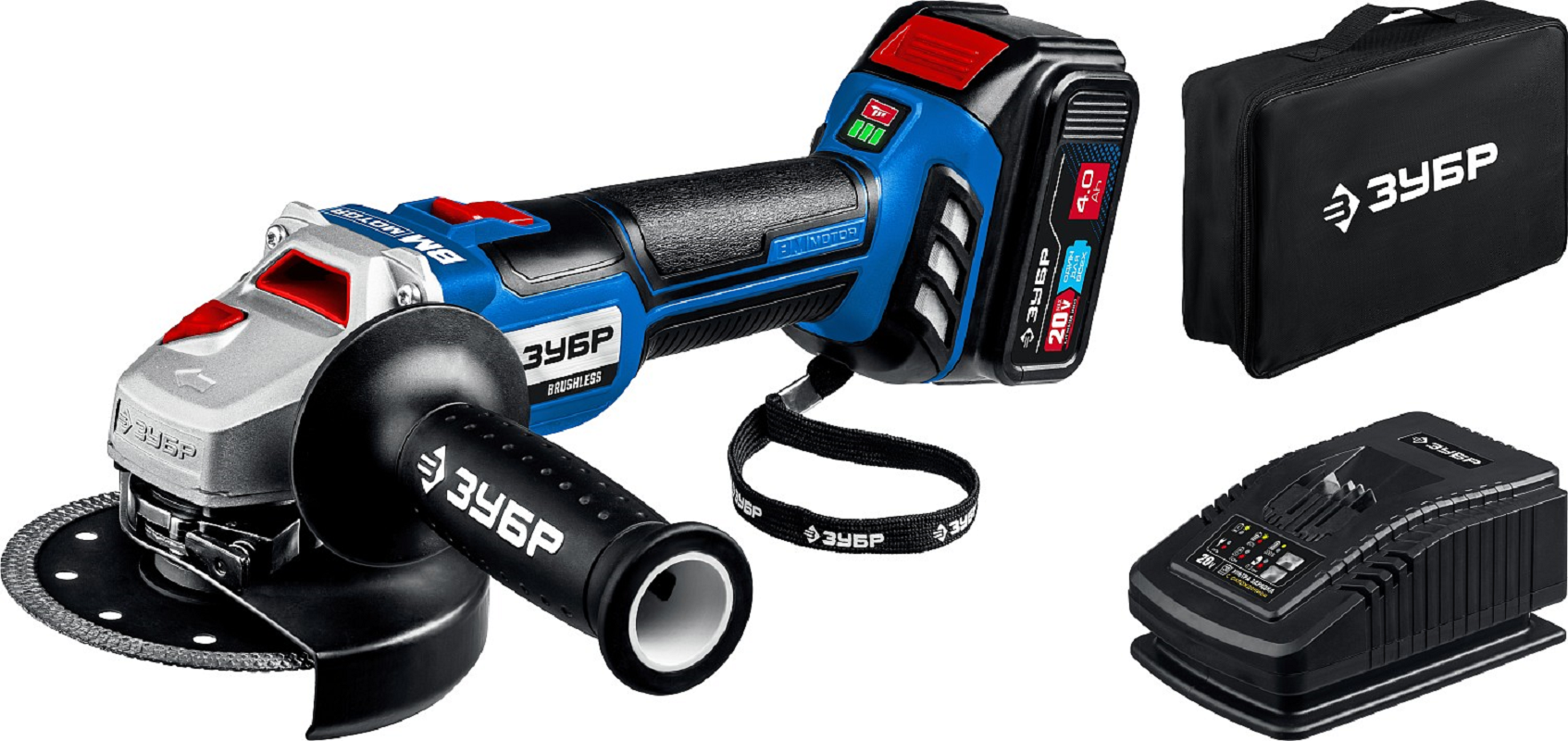 Изображение товара УШМ аккумуляторная бесщеточная Зубр AB-125-41, 20 В Li-Ion 1x4 Ач, 125 мм