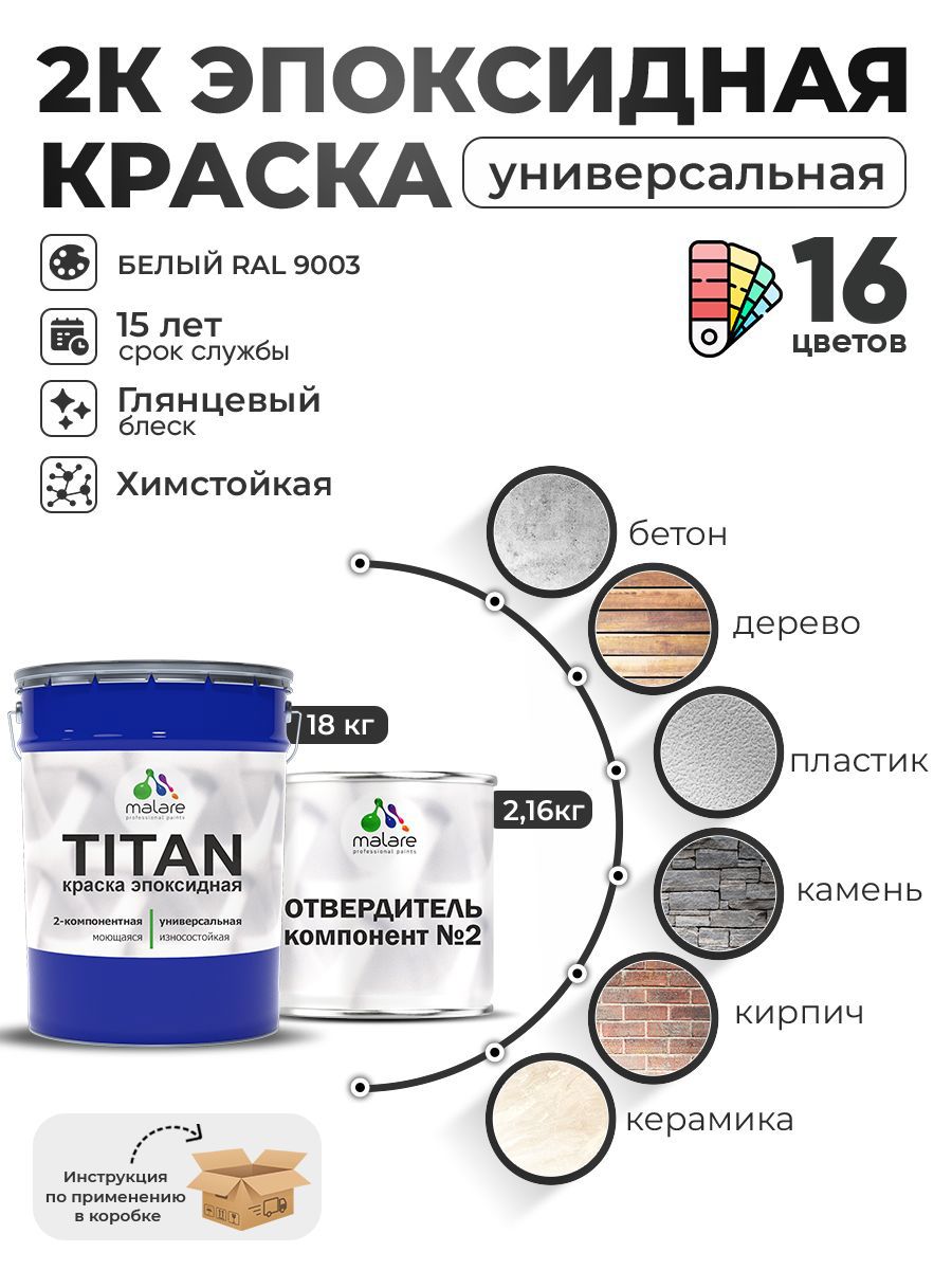 Изображение товара Краска эпоксидная двухкомпонентная Malare Titan высокопрочная глянцевая цвет RAL 9003 белый 18 кг отвердитель 2.16 кг