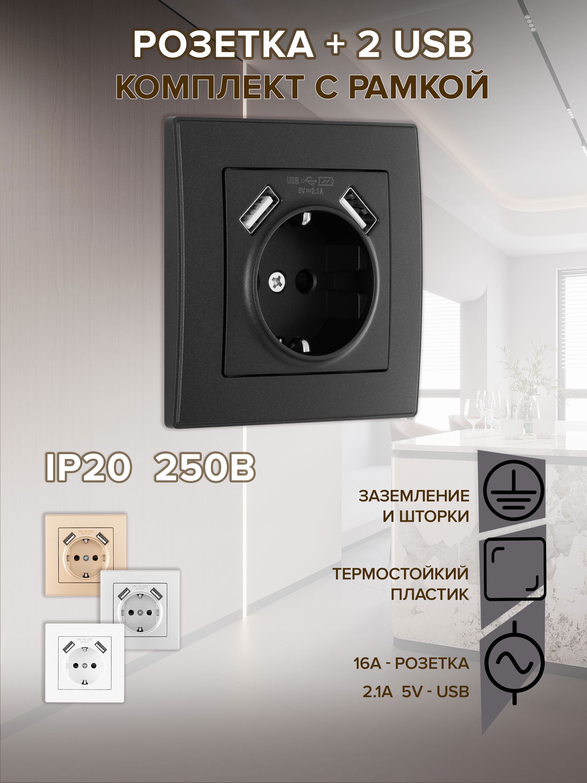 Изображение товара Встраиваемая розетка с USB Arte Milano SET06-1-47-1 черная с заземлением