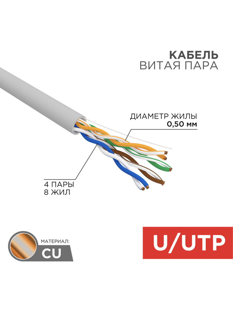 Изображение товара REXANT 5E UTP 4PR 305м серый кабель витая пара внутренняя прокладка