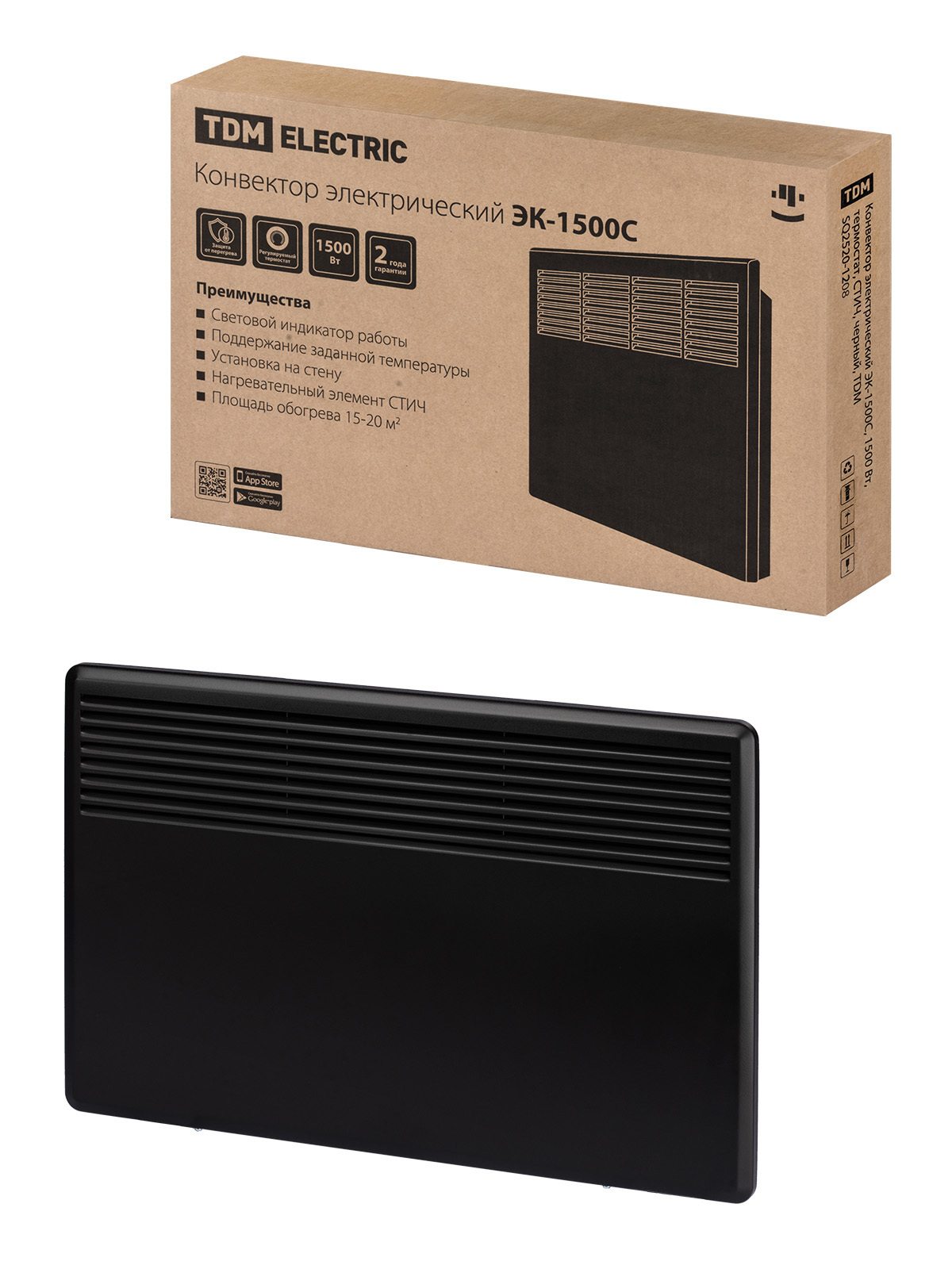 Изображение товара Электрический конвектор Tdm Electric SQ2520-1208 1500 Вт для обогрева стеновый черный