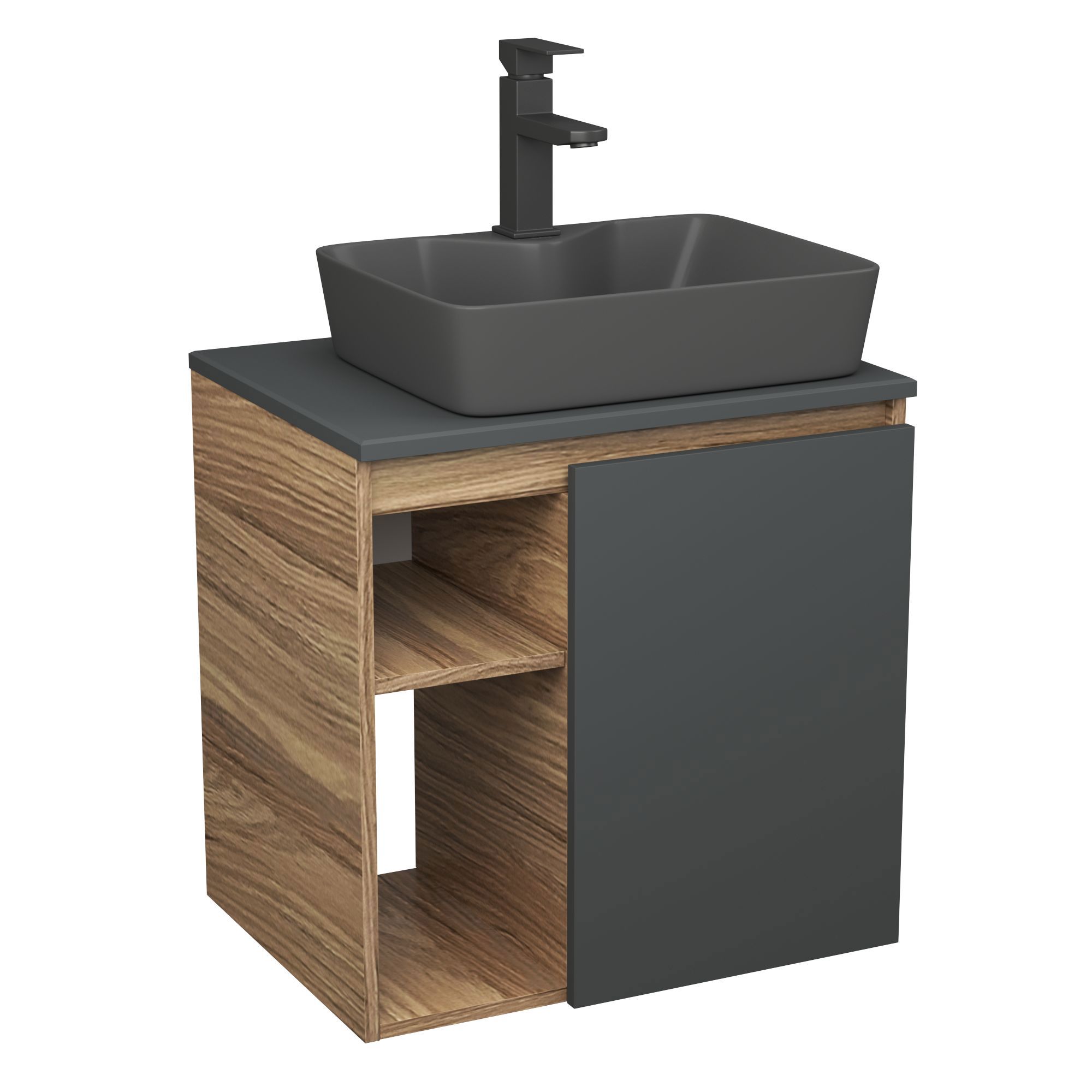 Изображение товара Тумба Bauedge Bau Dream Blackwood 60 правая SD4369, графит, раковина Cerama 48x37 темно-серая матовая, смеситель Hotel Black, черный