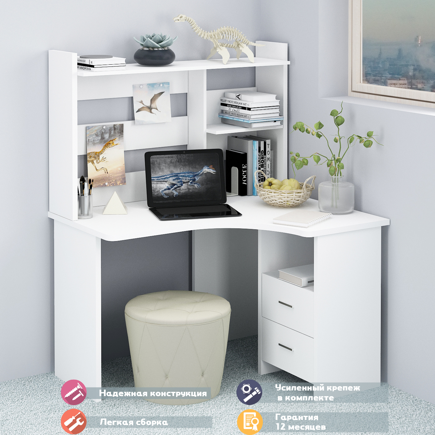 Изображение товара Стол Мэрдэс СКЛ-Угл120+НКЛ-120 БЕ ПРАВ 120x152x100 см ЛДСП цвет белый