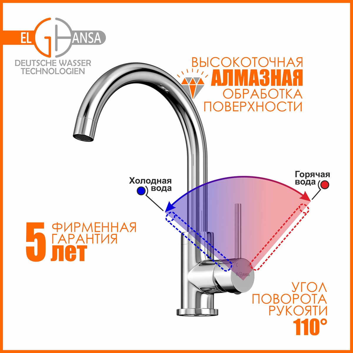 Изображение товара Латунный поворотный смеситель для кухни Elghansa KF210-290 с аэратором и хромированным покрытием