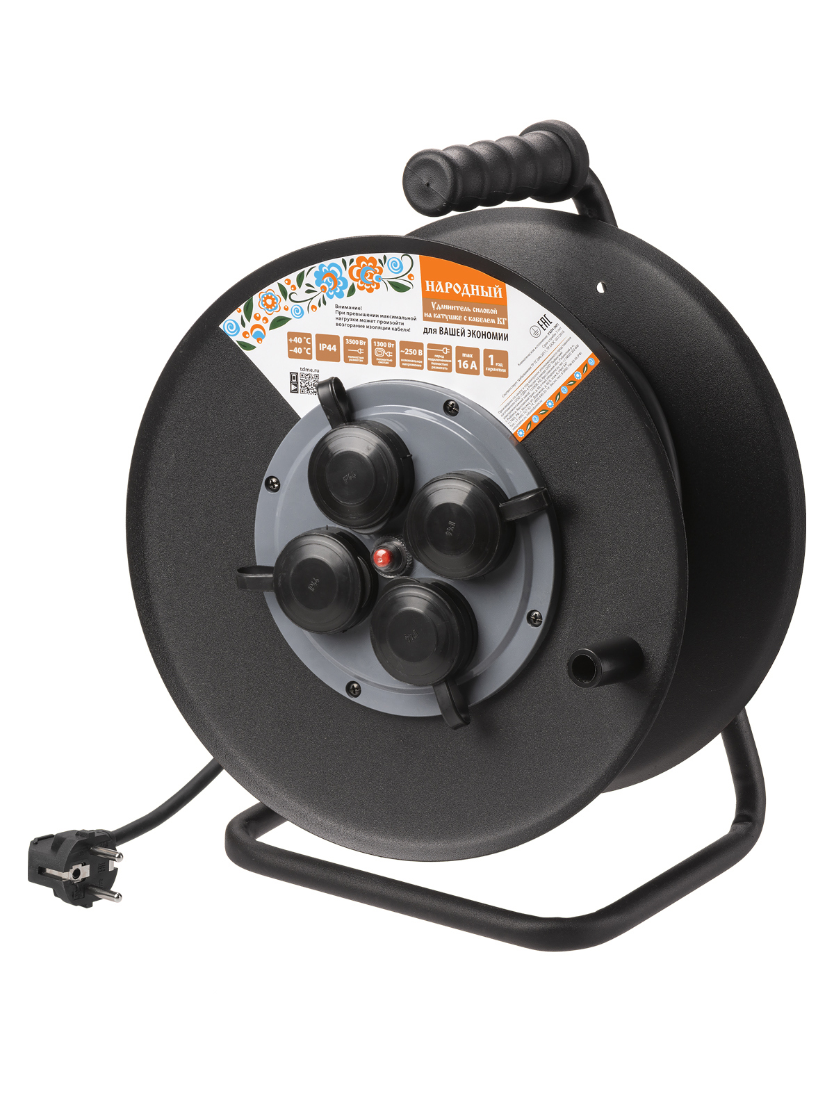 Изображение товара Удлинитель на катушке силовой Tdm electric SQ1307-0160 4 розетки с заземлением 30 м 3500 Вт цвет черный