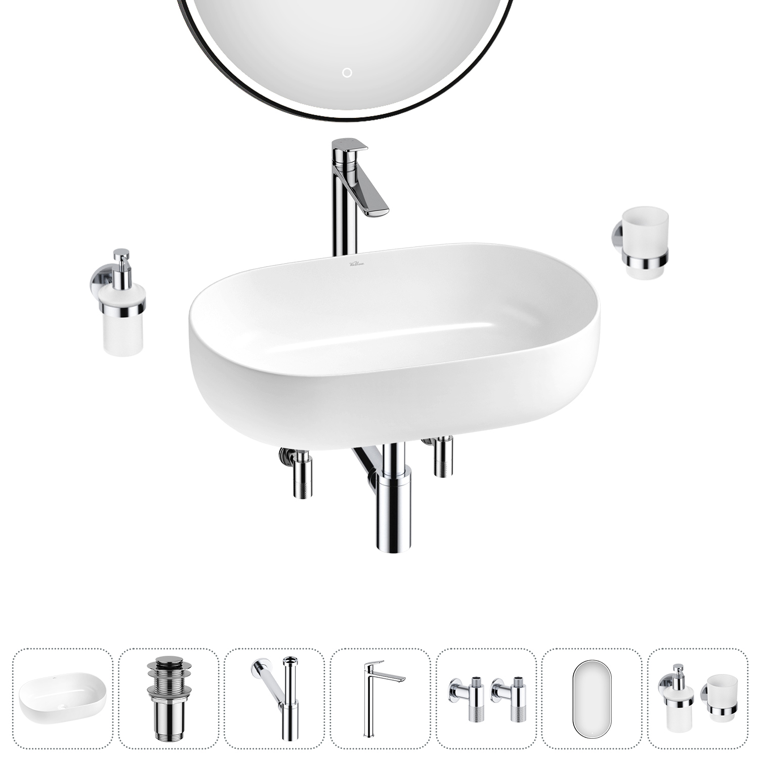 Изображение товара Раковина накладная Wellsee Chic Riviera 60см комплект 7 в 1 из RefCeram®