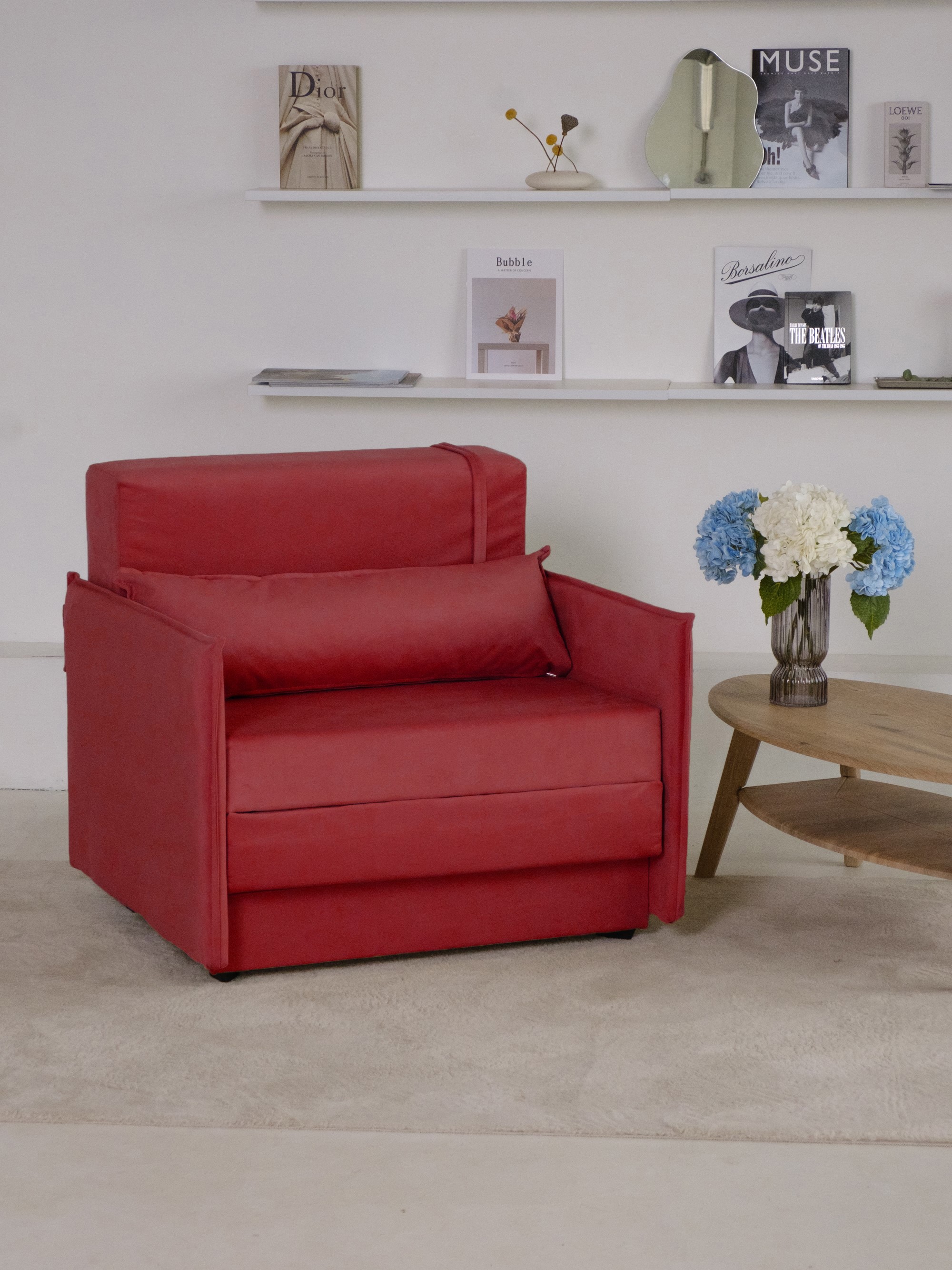 Изображение товара Кресло Атлант трансформер из велюра красное или малиновое для гостиной и спальни