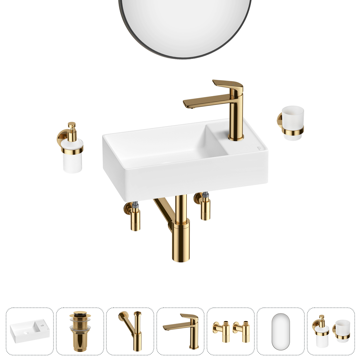 Изображение товара Раковина мини Wellsee WC Area 41 см комплект 7 в 1 с аксессуарами и зеркалом