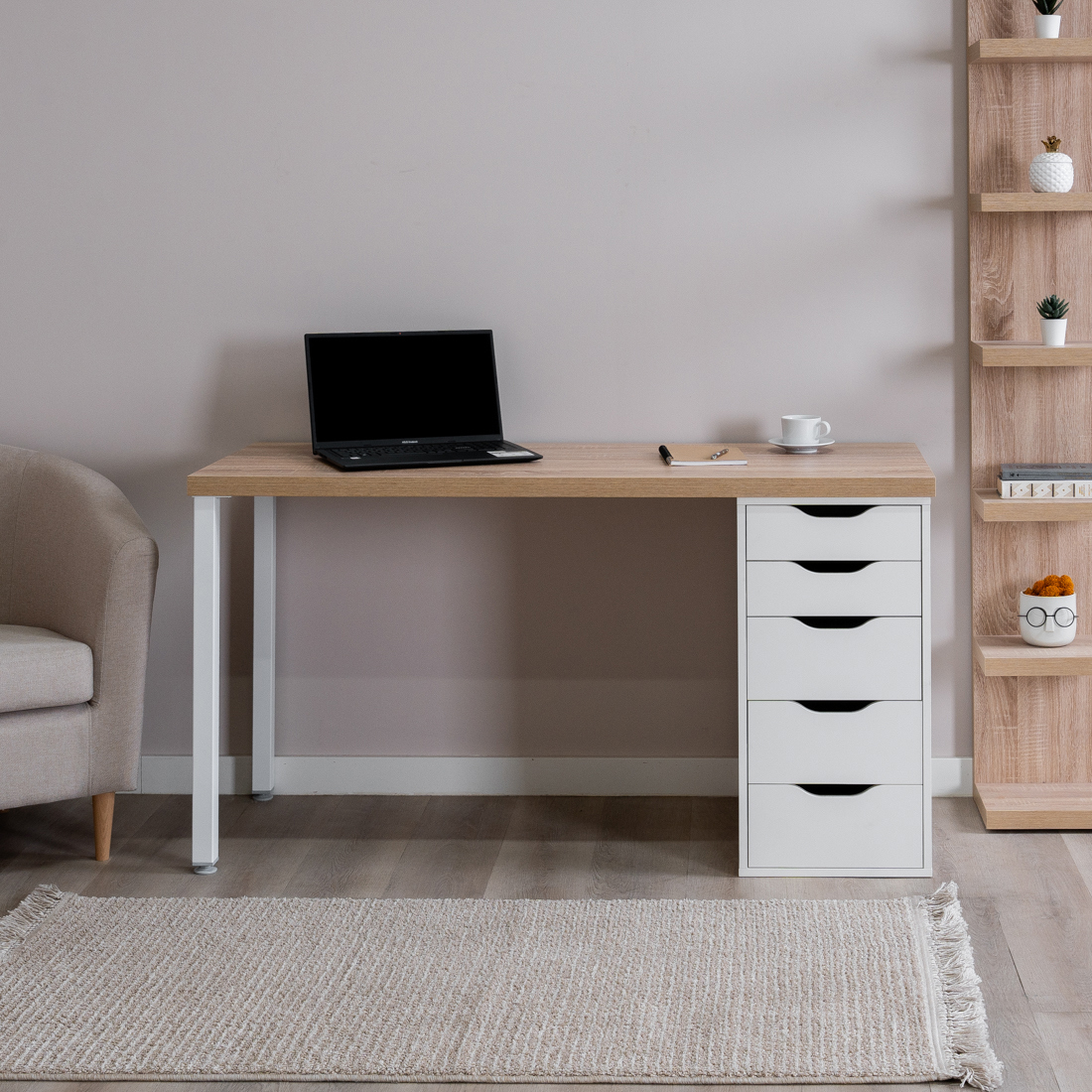 Изображение товара Стол письменный однотумбовый Гуд Лакк Ингар 140х75 см белый/беленый дуб