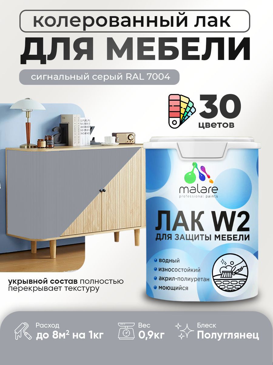 Изображение товара Лак для мебели дерева и минеральных поверхностей укрывной Malare Series W полуглянцевый RAL 7004 сигнальный серый 0.9 кг