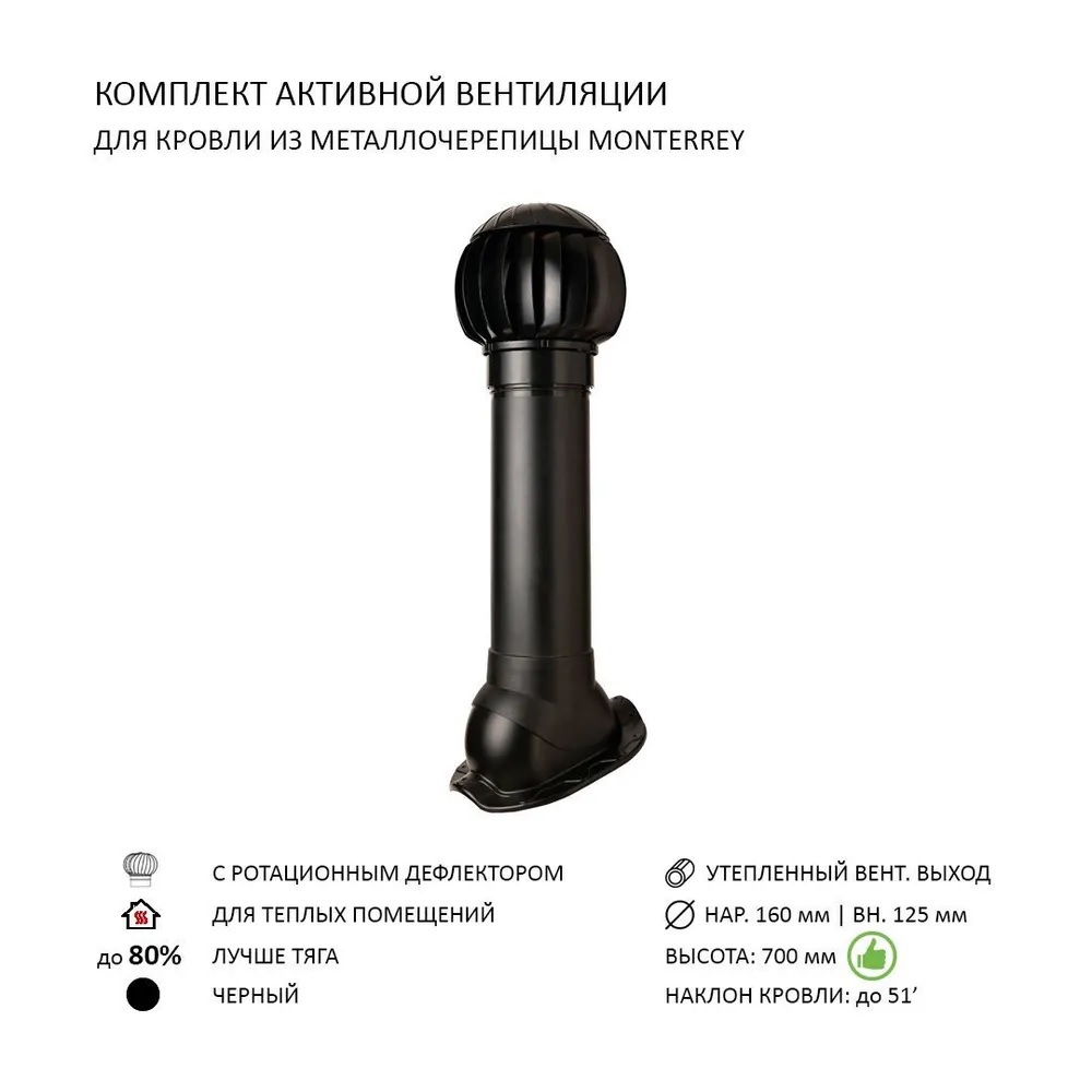 Изображение товара Нанодефлектор Polivent ND160 с вентиляционным выходом утепленный Н700 для металлочерепицы Monterrey цвет черный