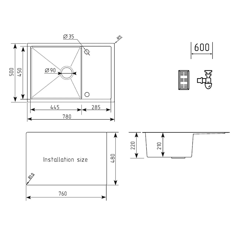 Изображение товара Мойка для кухни Ulgran US 780-002-LM 50x78 см глубина чаши 21 см нержавеющая сталь AISI 304 цвет черный металлик