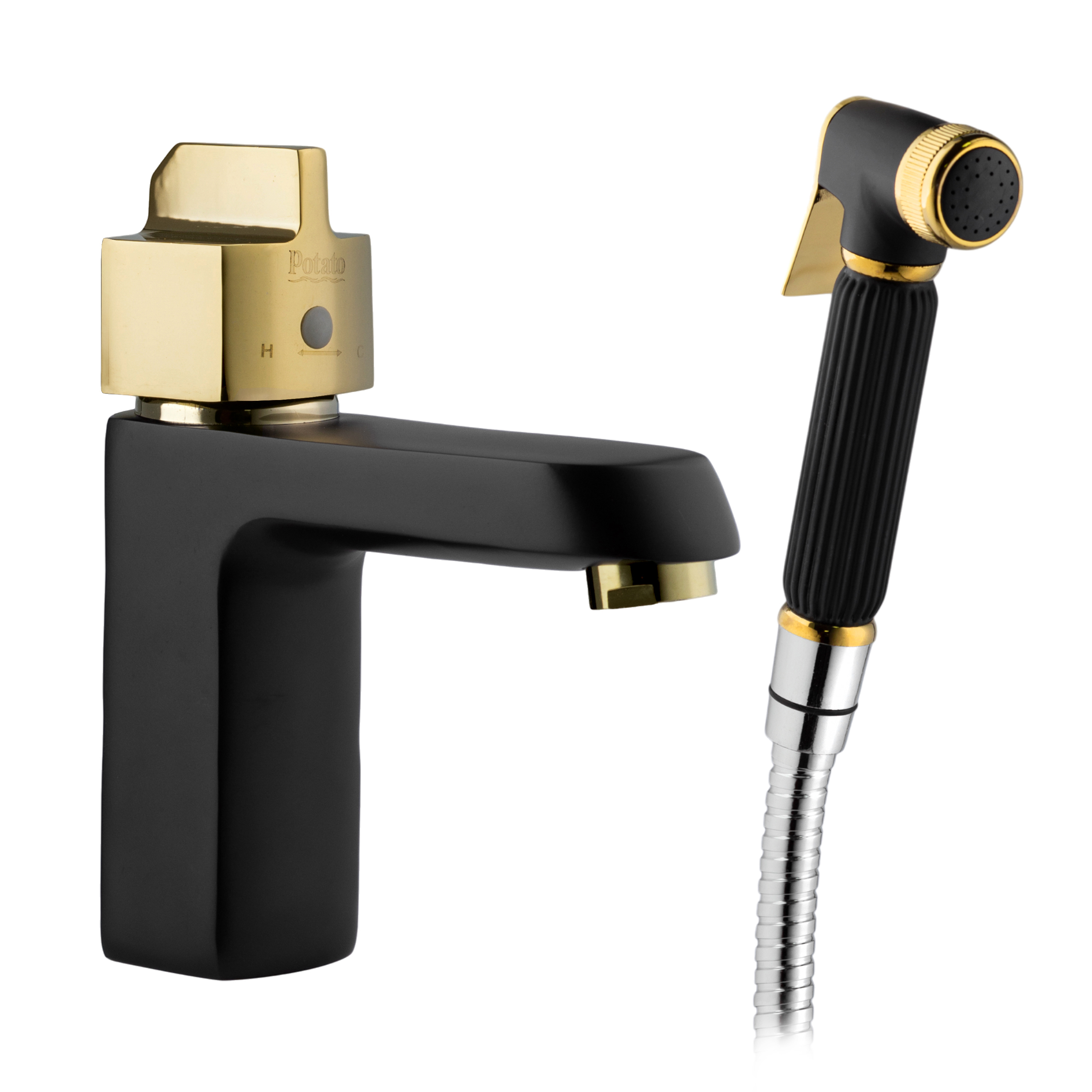 Изображение товара Смеситель для раковины POTATO термостатический с гигиенической лейкой, черный с золотом Изображение товара Смеситель для раковины POTATO термостатический с гигиенической лейкой, черный с золотом
