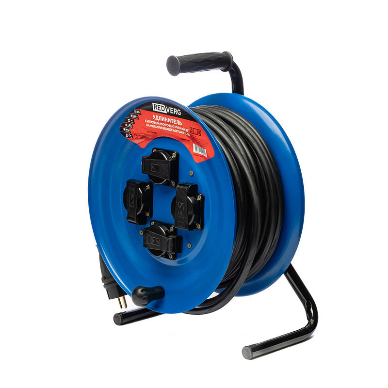 Изображение товара Удлинитель на катушке Redverg MA-298 КГ 3x2.5 30 м 4 розетки 3500 Вт с заземлением IP44 цвет синий