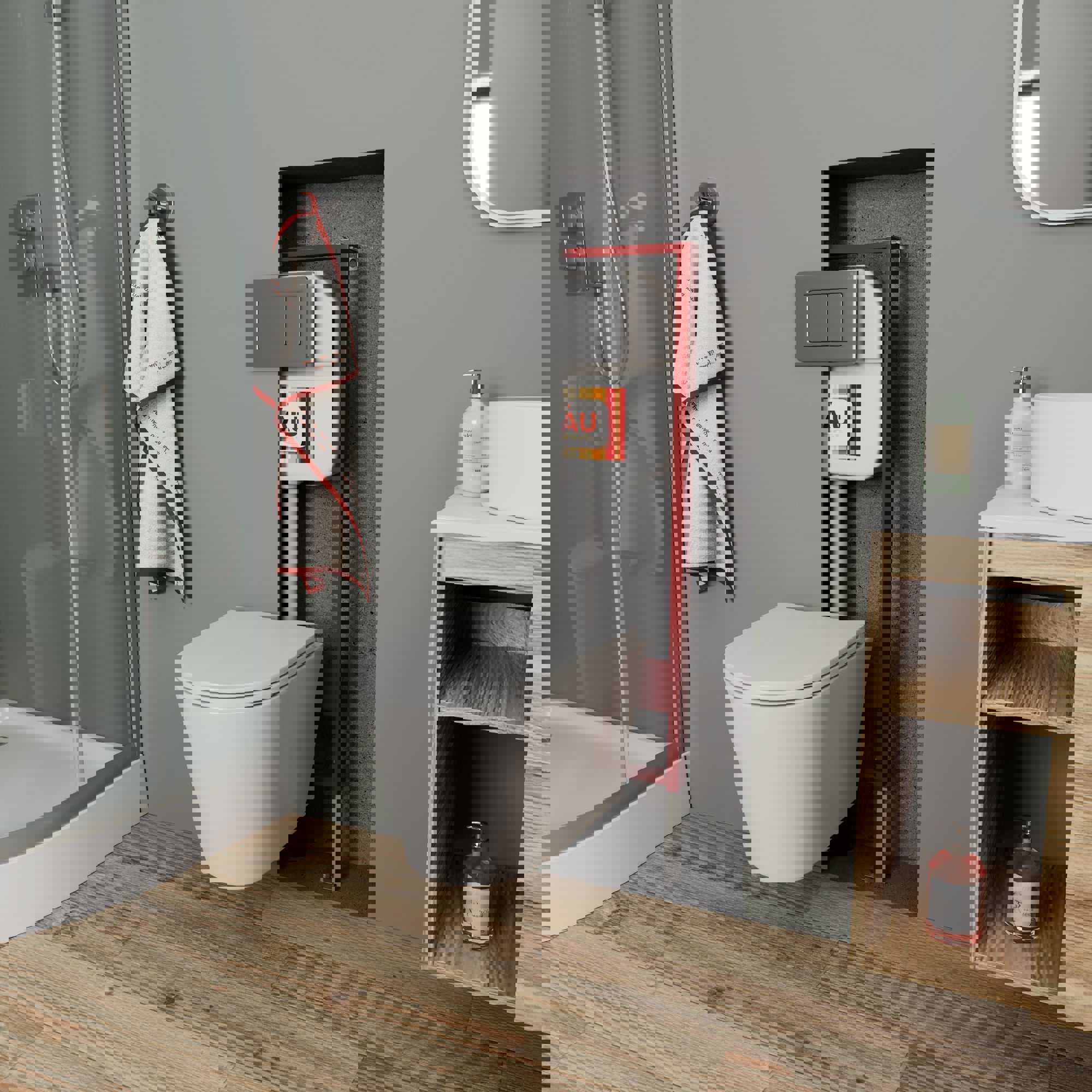 Изображение товара Комплект BAUEDGE NEO45700-BK0001-HQ-Q00017 6 в 1: инсталляция, унитаз безободковый Nimb Hurricane,быстросъемное микролифт, кнопка Gun Grey