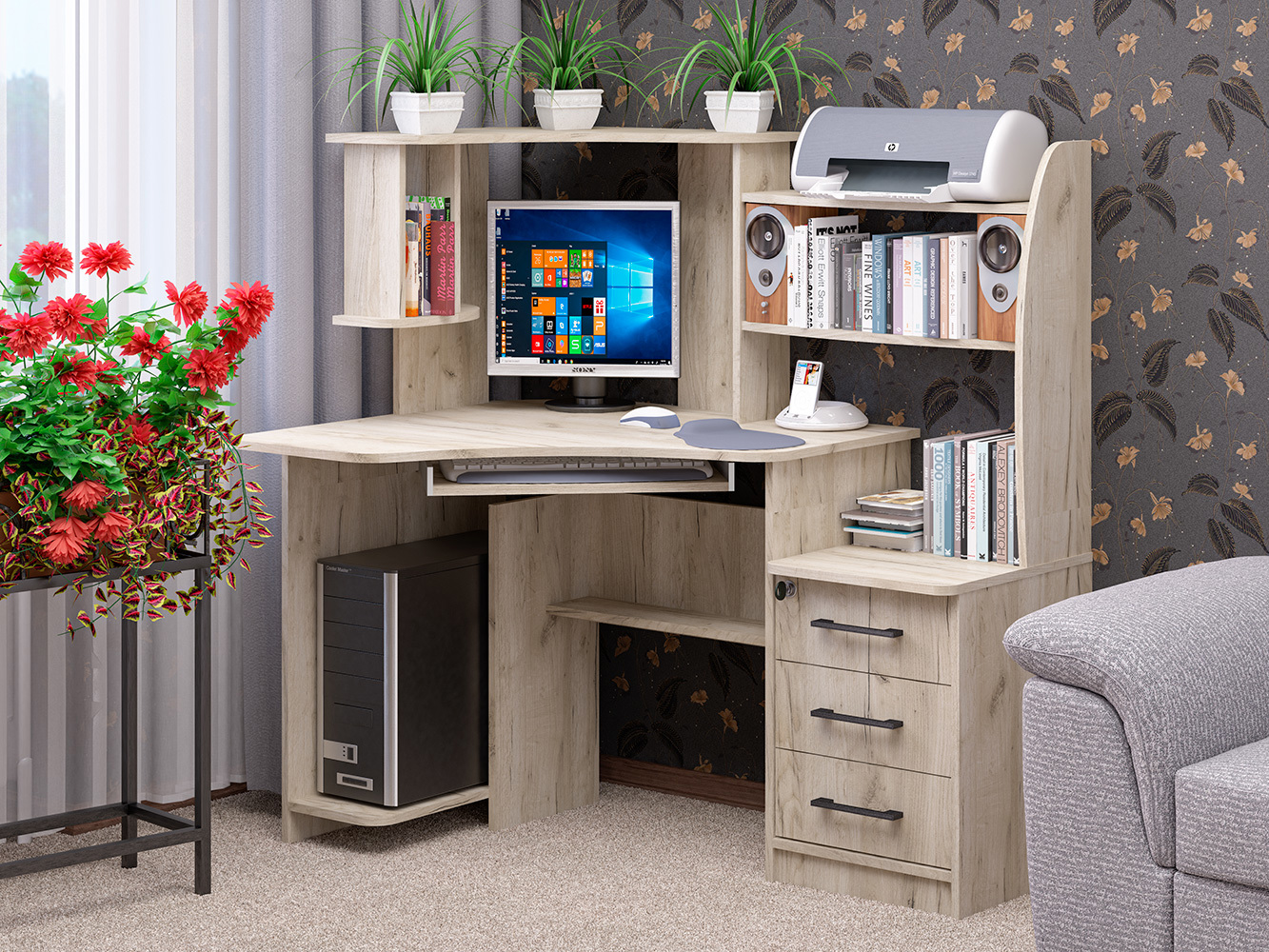 Изображение товара Офисный стол с полкой Пирамида СК-39 127x129x90 см серое дерево ЛДСП