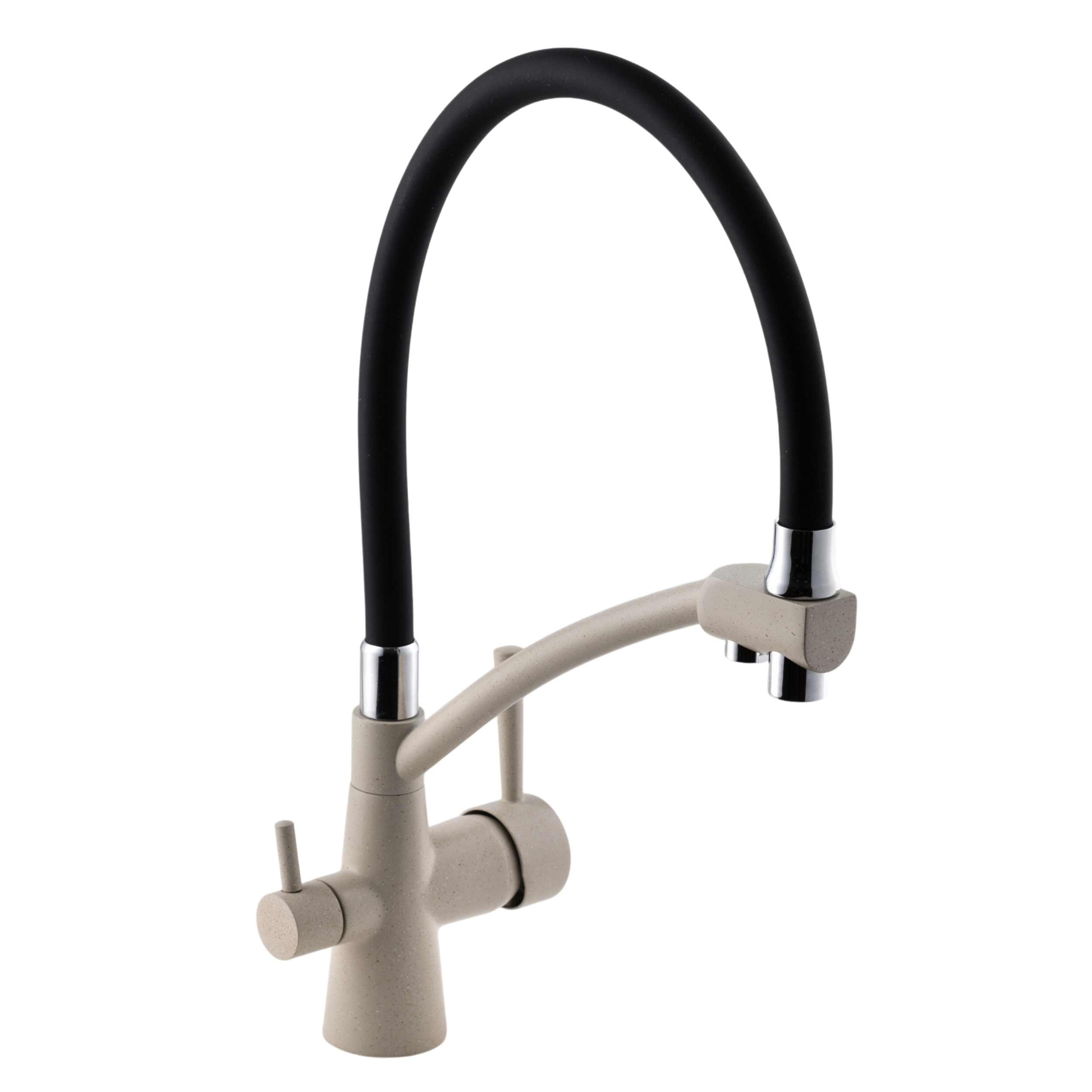 Изображение товара Смеситель для кухни Potato P4077-18 гибкий излив 21 см хром черный светло-бежевый