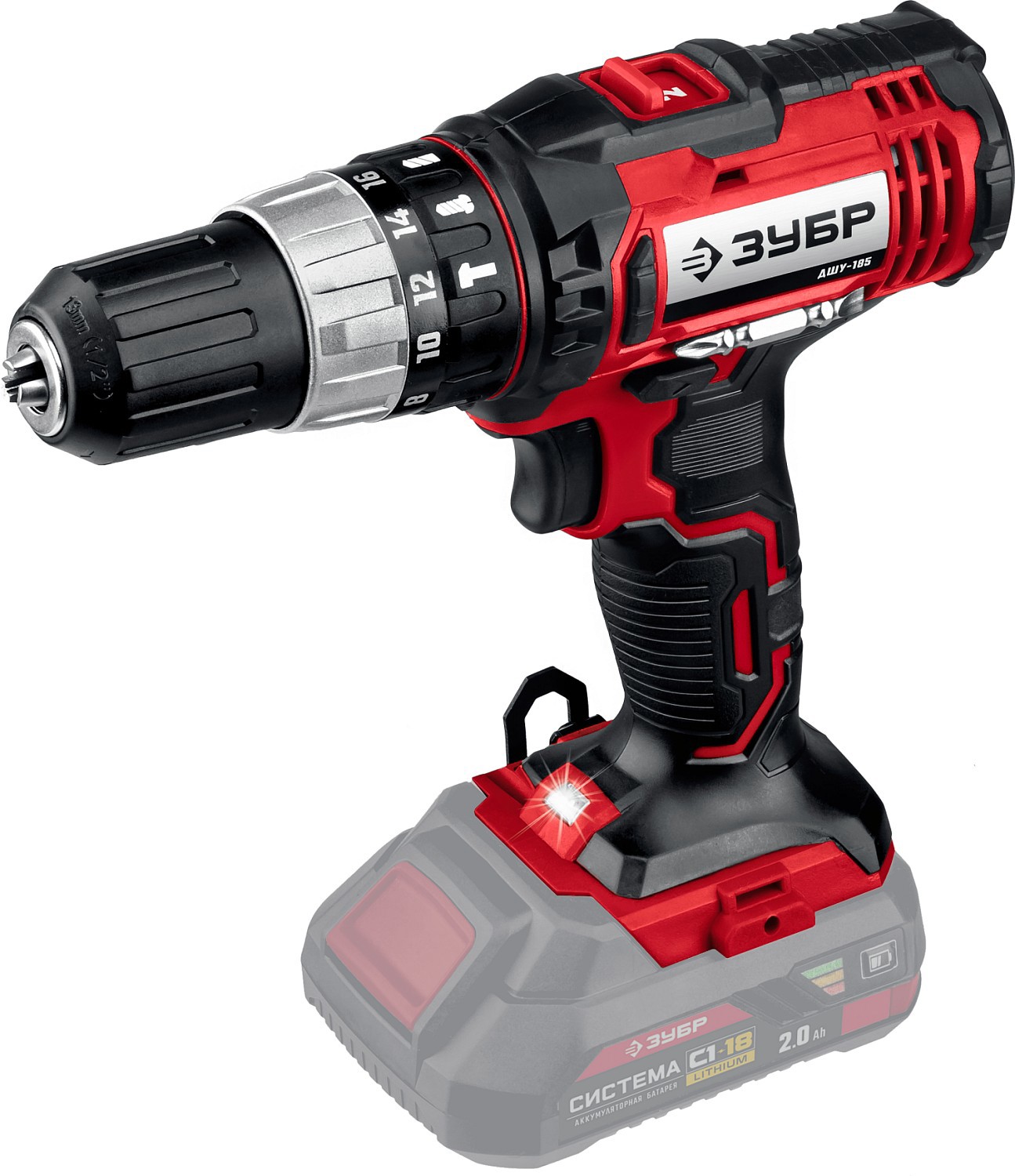 Изображение товара Аккумуляторная дрель-шуруповерт Зубр ДШУ-185 18 В ударная с подсветкой