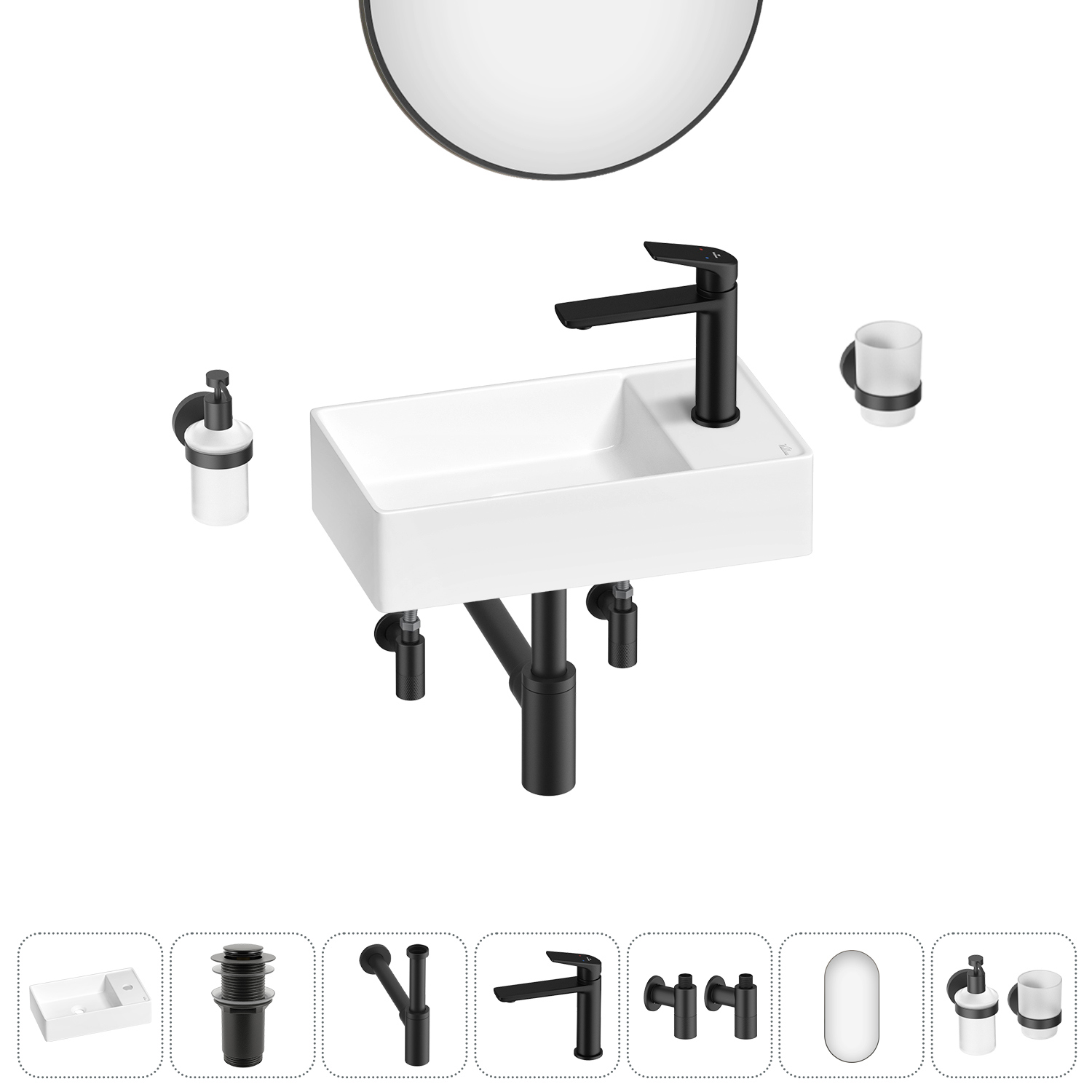 Изображение товара Раковина мини WELLSEE WC Area 41см комплект 7 в 1, белая, глянцевая