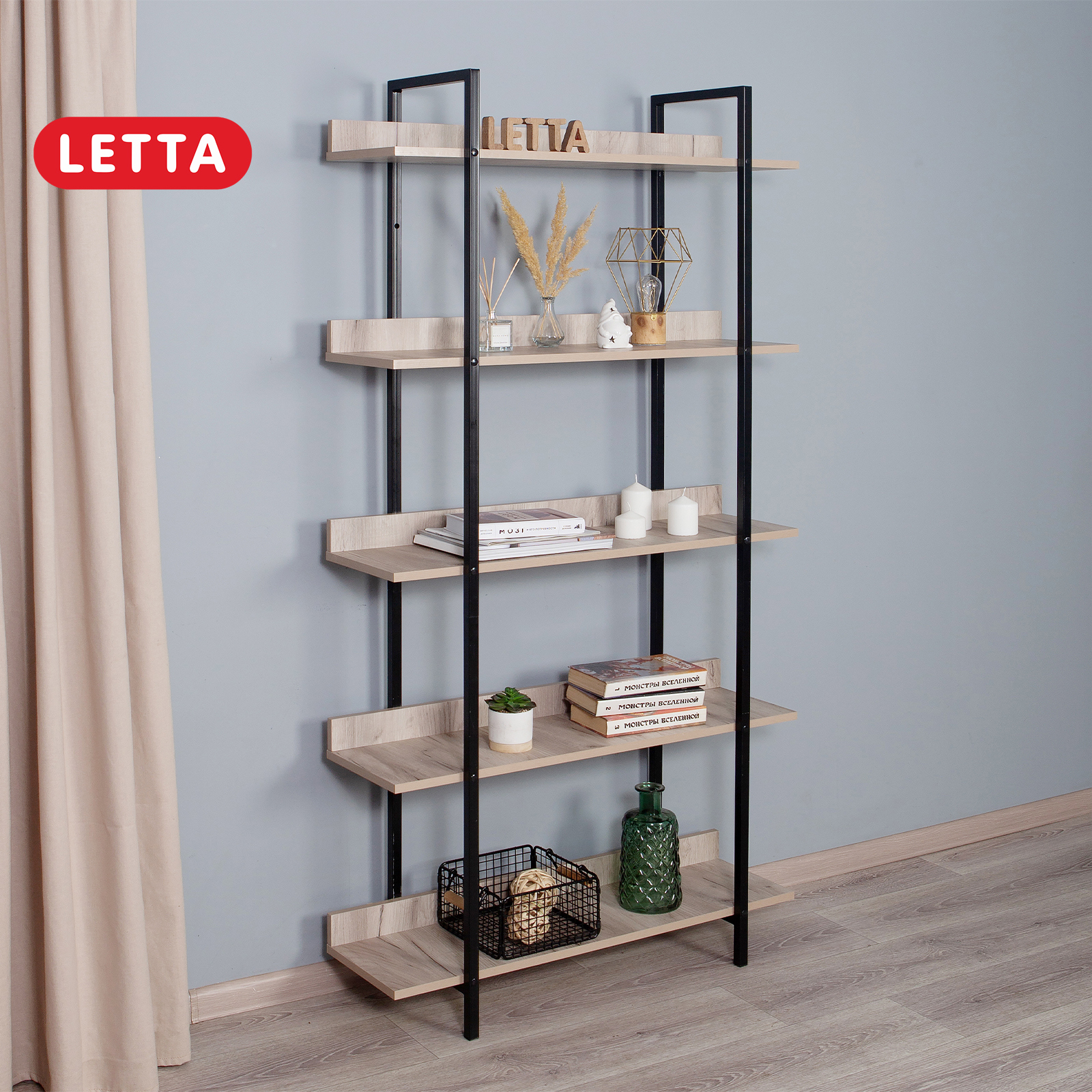 Изображение товара Стеллаж металлический Letta 90x175x29 см 5 полок цвет серый стиль лофт