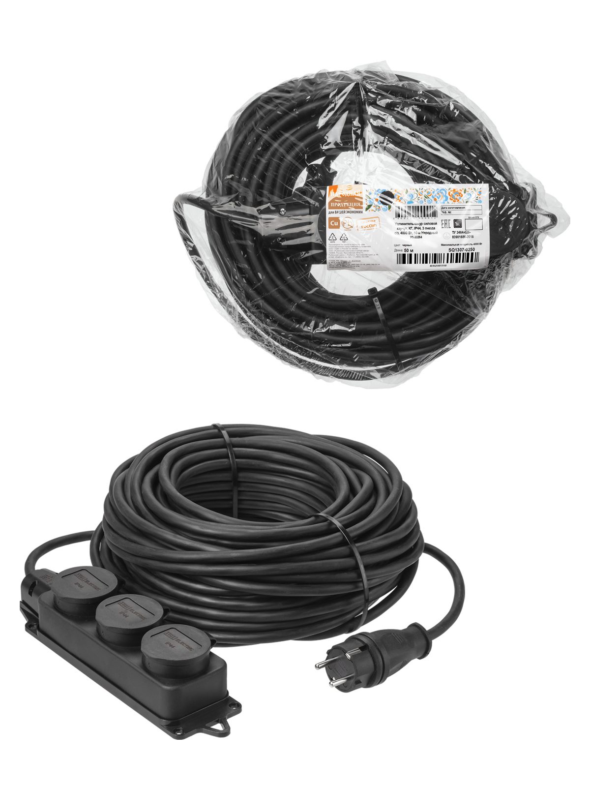 Изображение товара Удлинитель-шнур на рамке Tdm electric SQ1307-0250 3 розетки с заземлением 50 м 4000 Вт цвет черный
