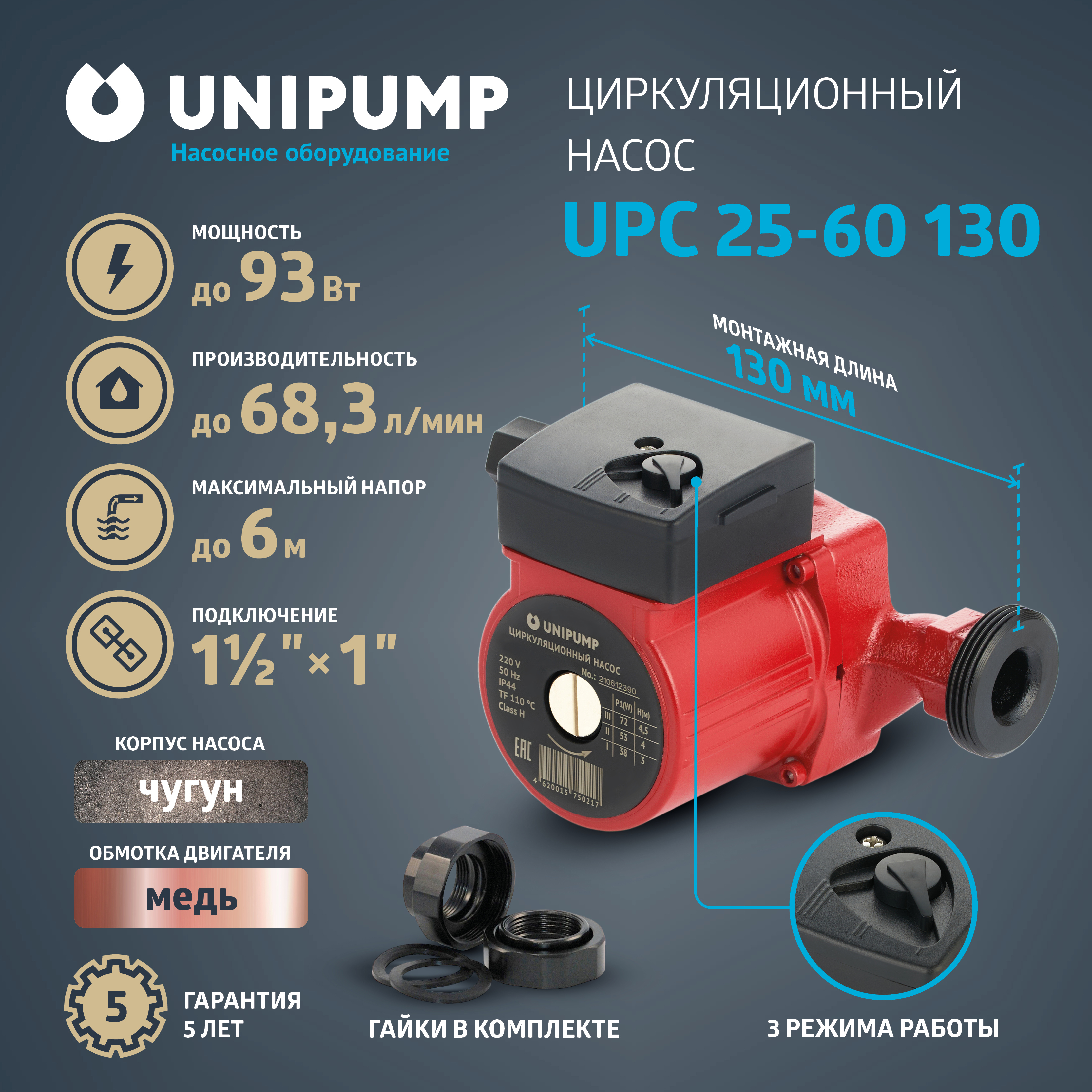 Изображение товара Циркуляционный насос Unipump UPC 25-60 130 для отопления и теплых полов