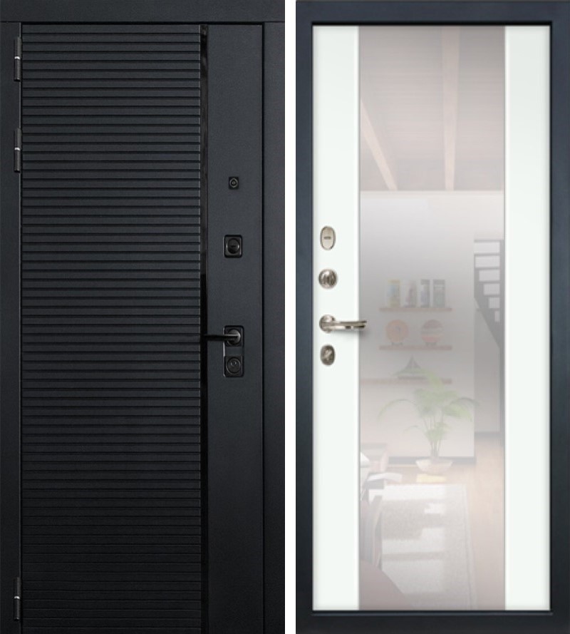 Изображение товара Входная дверь Lex Гранд Роял 205x96см левый цвет шагрень белая 61.1/кварц черный с зеркалом