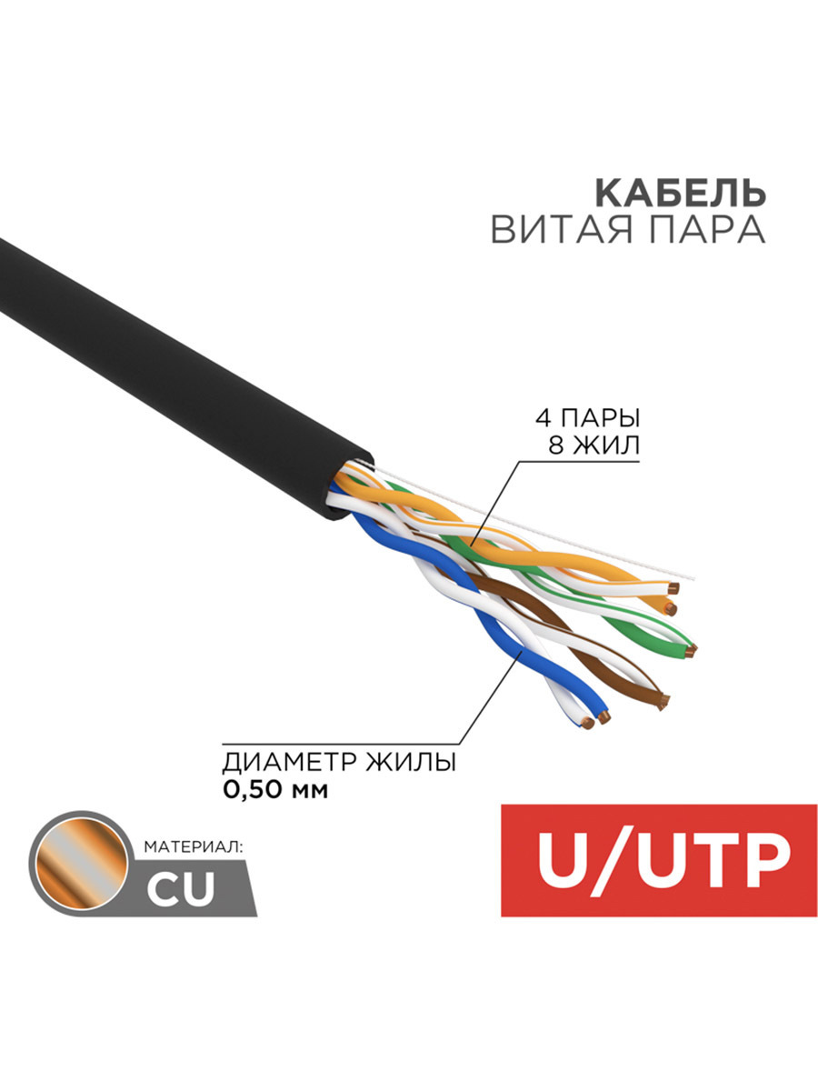 Изображение товара Кабель витая пара Rexant U/UTP CAT 5e PE 4PR 24AWG outdoor solid черный 100 м