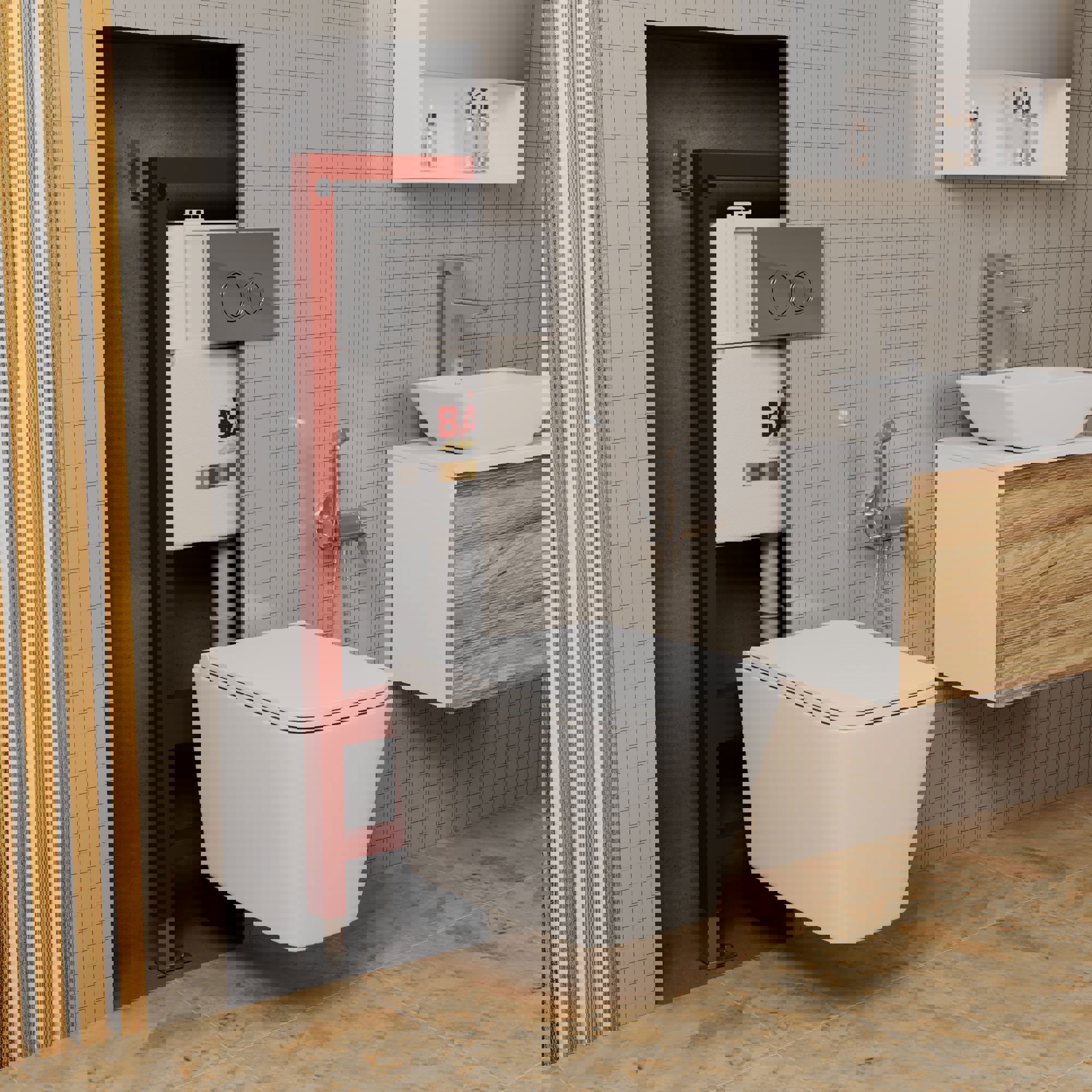 Изображение товара Комплект BAUEDGE 6 в 1 инсталляция и унитаз безободковый с системой торнадо