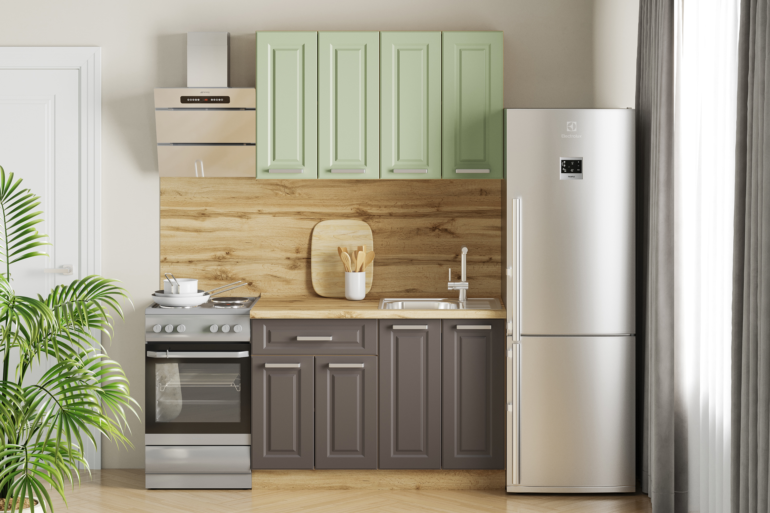 Изображение товара Кухонный гарнитур Silva Вокс Кухня Комплектация 9 Вокс, Фисташка Софт Графит, Дуб Крафт Золотой 120x217.8x47.8 см ЛДСП цвет разноцветный