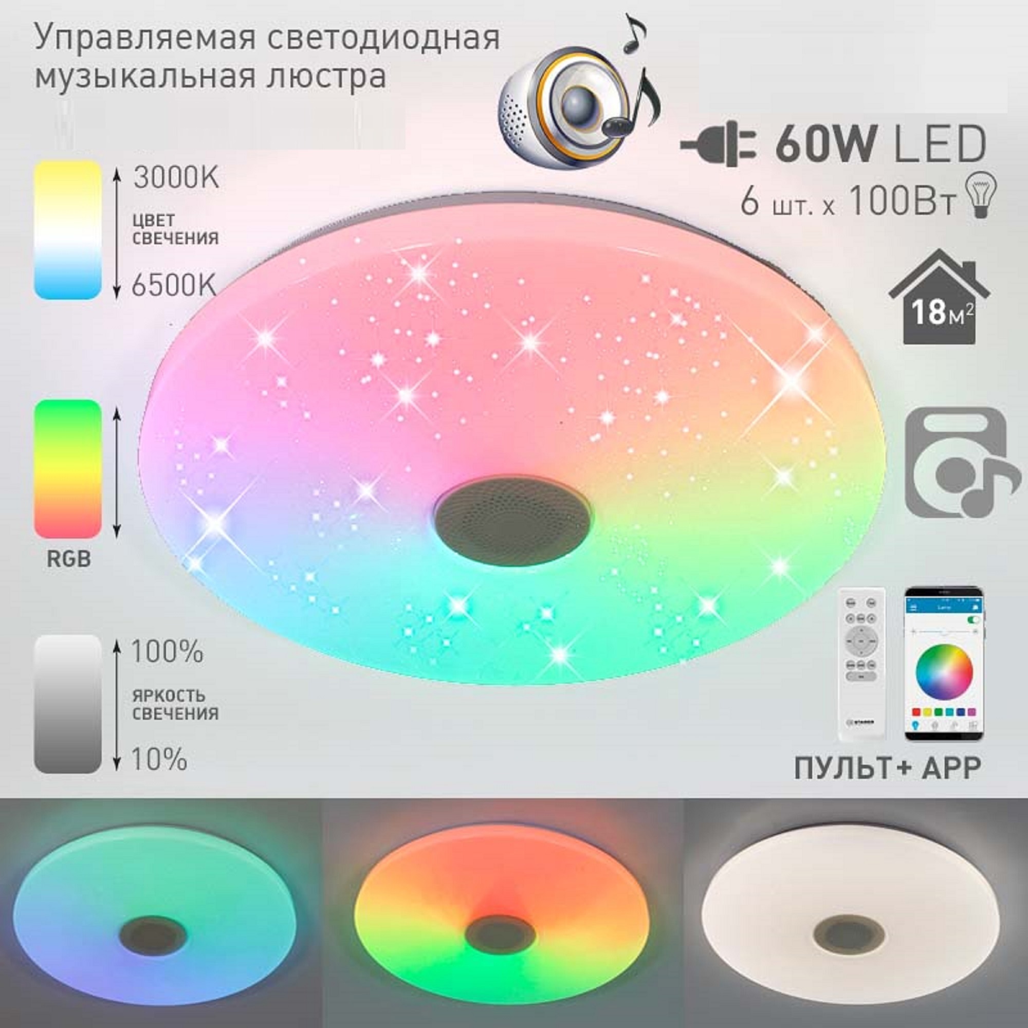 Изображение товара Светильник настенно-потолочный музыкальный светодиодный Estares управление смартфоном и пультом 15 м² регулируемый цвет света RGB цвет белый