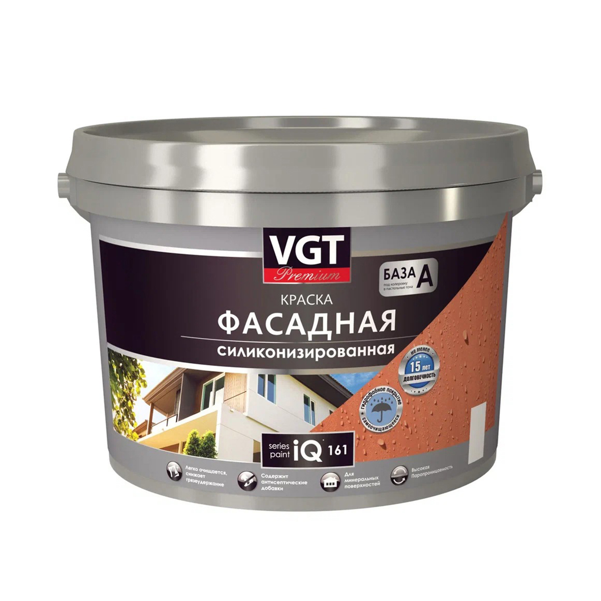 Изображение товара Краска фасадная Vgt Краска фасадная силиконизированная iq161 глубокоматовая цвет белый база А 9 л