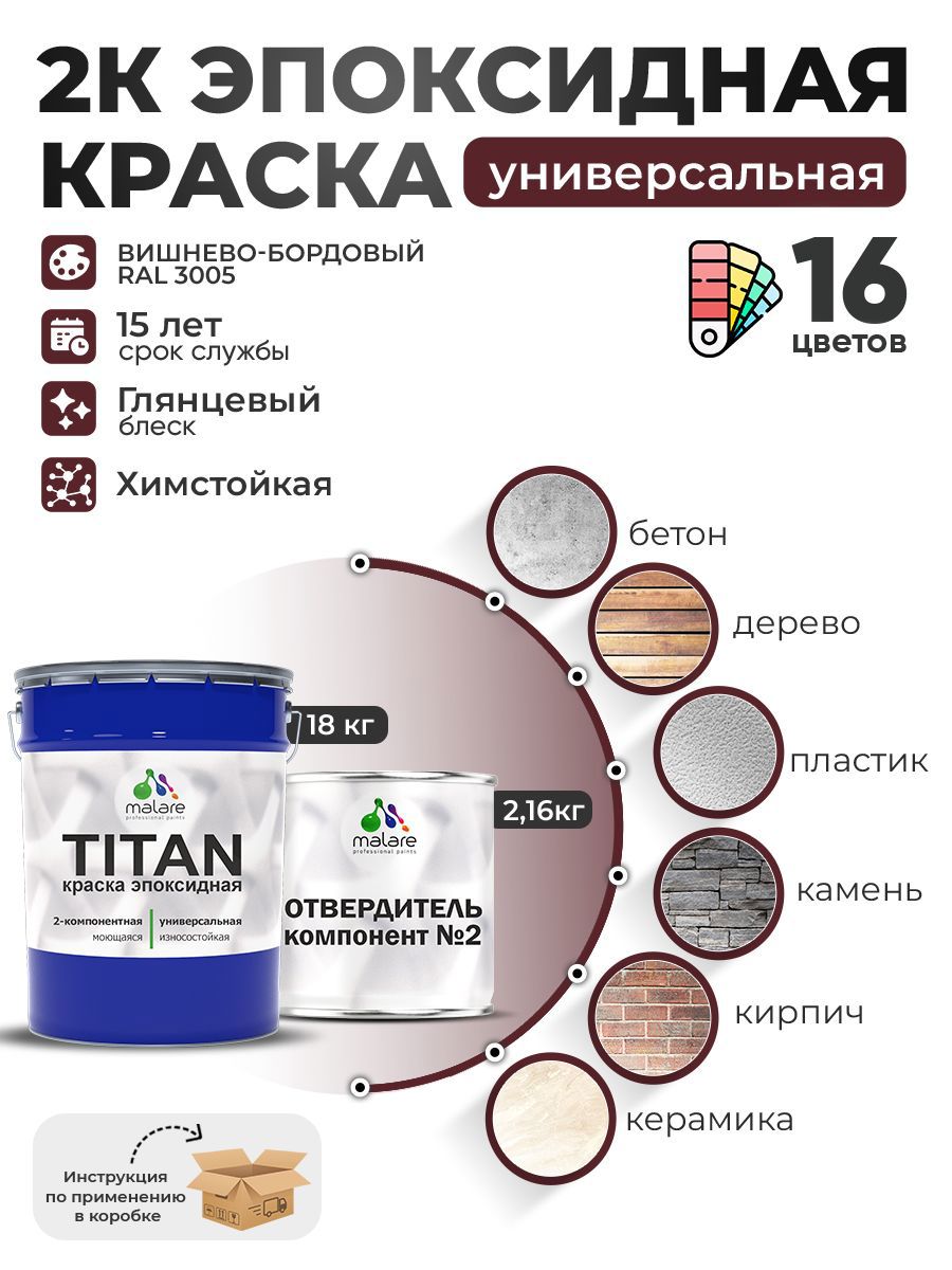 Изображение товара Краска эпоксидная двухкомпонентная Malare Titan высокопрочная глянцевая цвет RAL 3005 вишнево-бордовый 18 кг отвердитель 2.16 кг