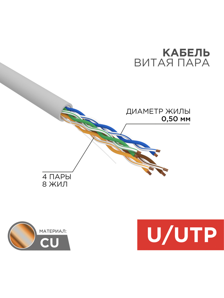 Изображение товара Кабель витая пара Rexant U/UTP Cat 5e 24AWG 4PR ПВХ solid 50 м цвет серый