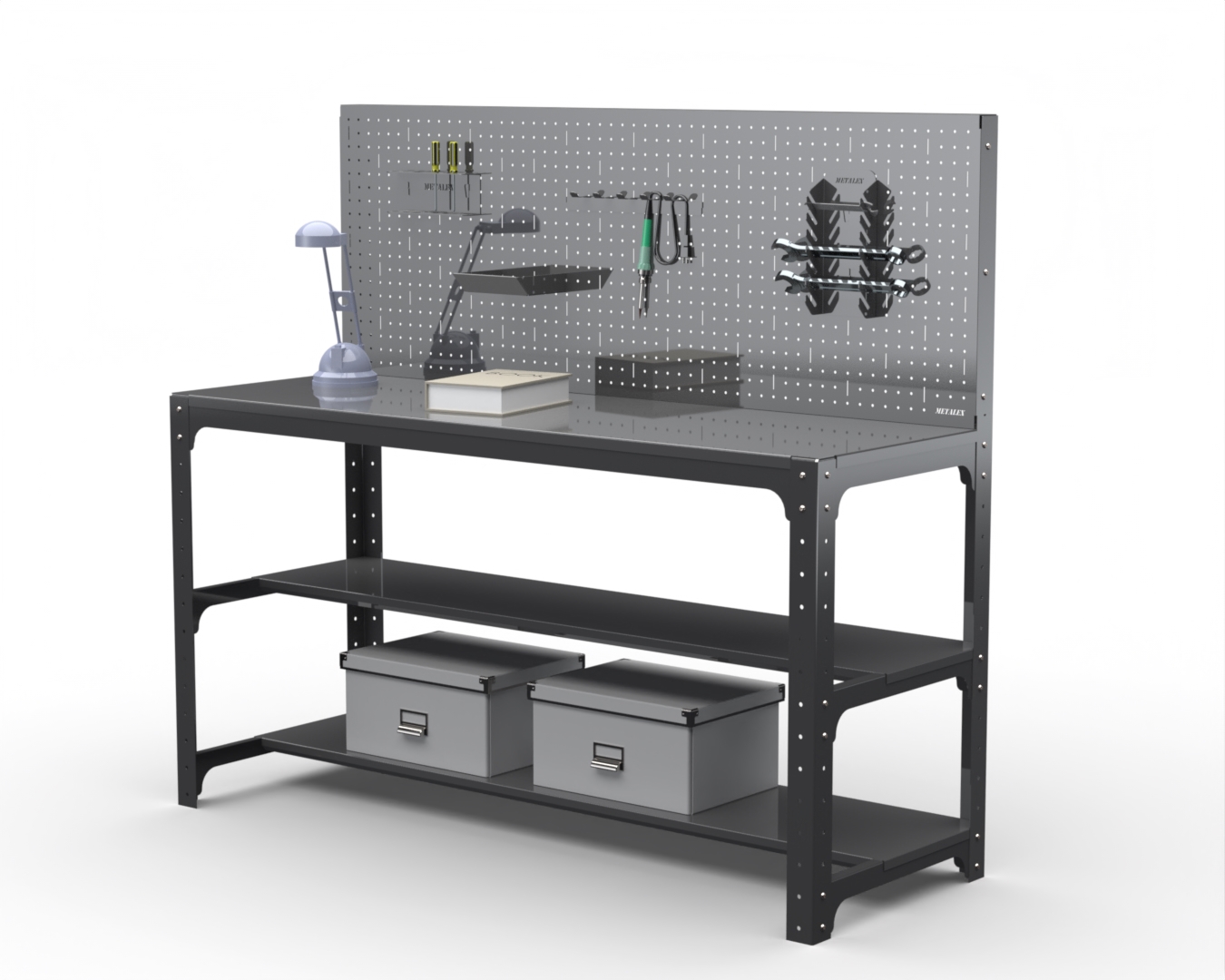 Изображение товара Металлический стол Metalex 201379 с перфопанелью и полками